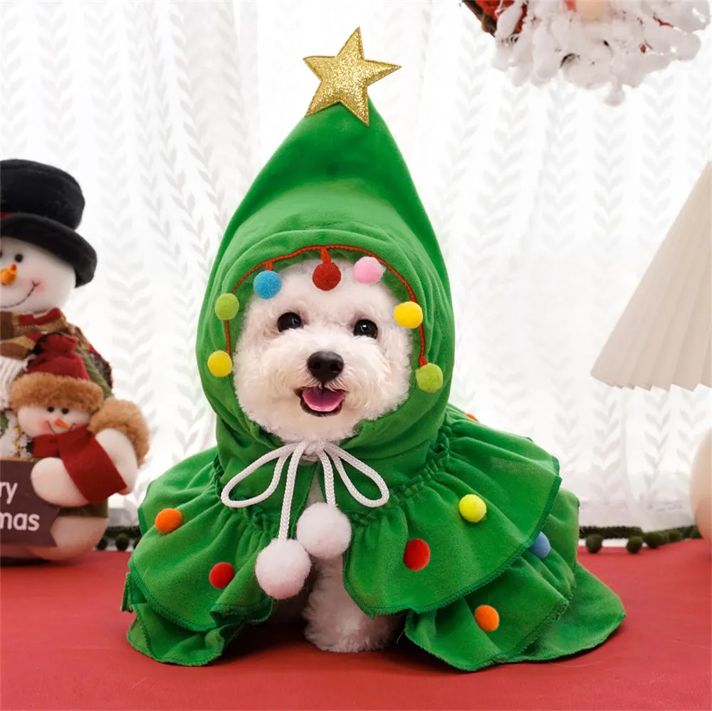 Aiitle Cute Pet Christmas Cloak with Star and Pompoms Red