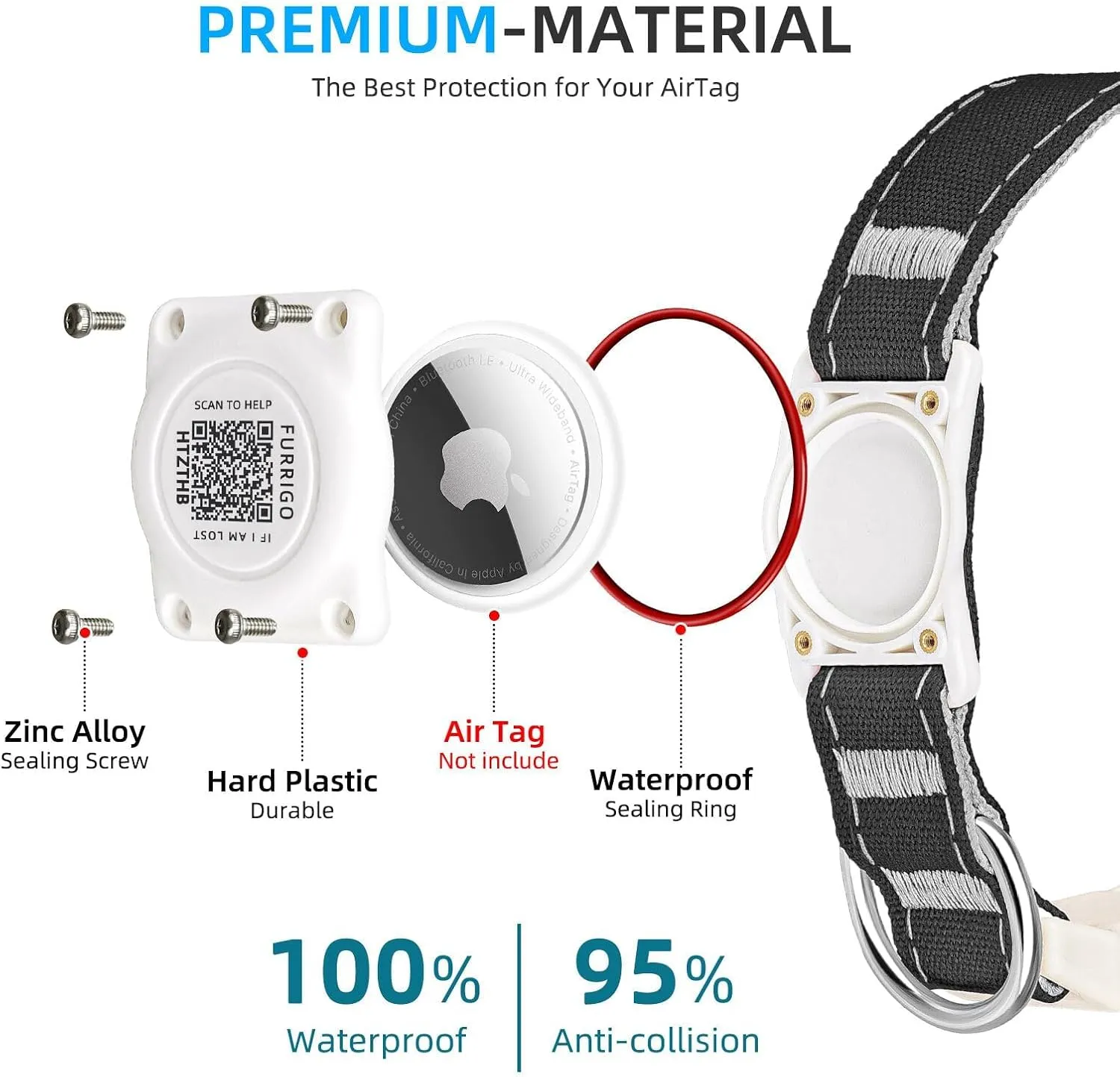 Airtag Dog Collar QR Code - IP68 Waterproof Integrated Air Tag Dog Collar Holder ID Tag - Free Pet Online Profile - Durable Natural Cotton Hemp - Fits for Small Medium Large Dogs (Black, XL)