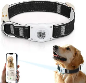 Airtag Dog Collar QR Code - IP68 Waterproof Integrated Air Tag Dog Collar Holder ID Tag - Free Pet Online Profile - Durable Natural Cotton Hemp - Fits for Small Medium Large Dogs (Black, XL)