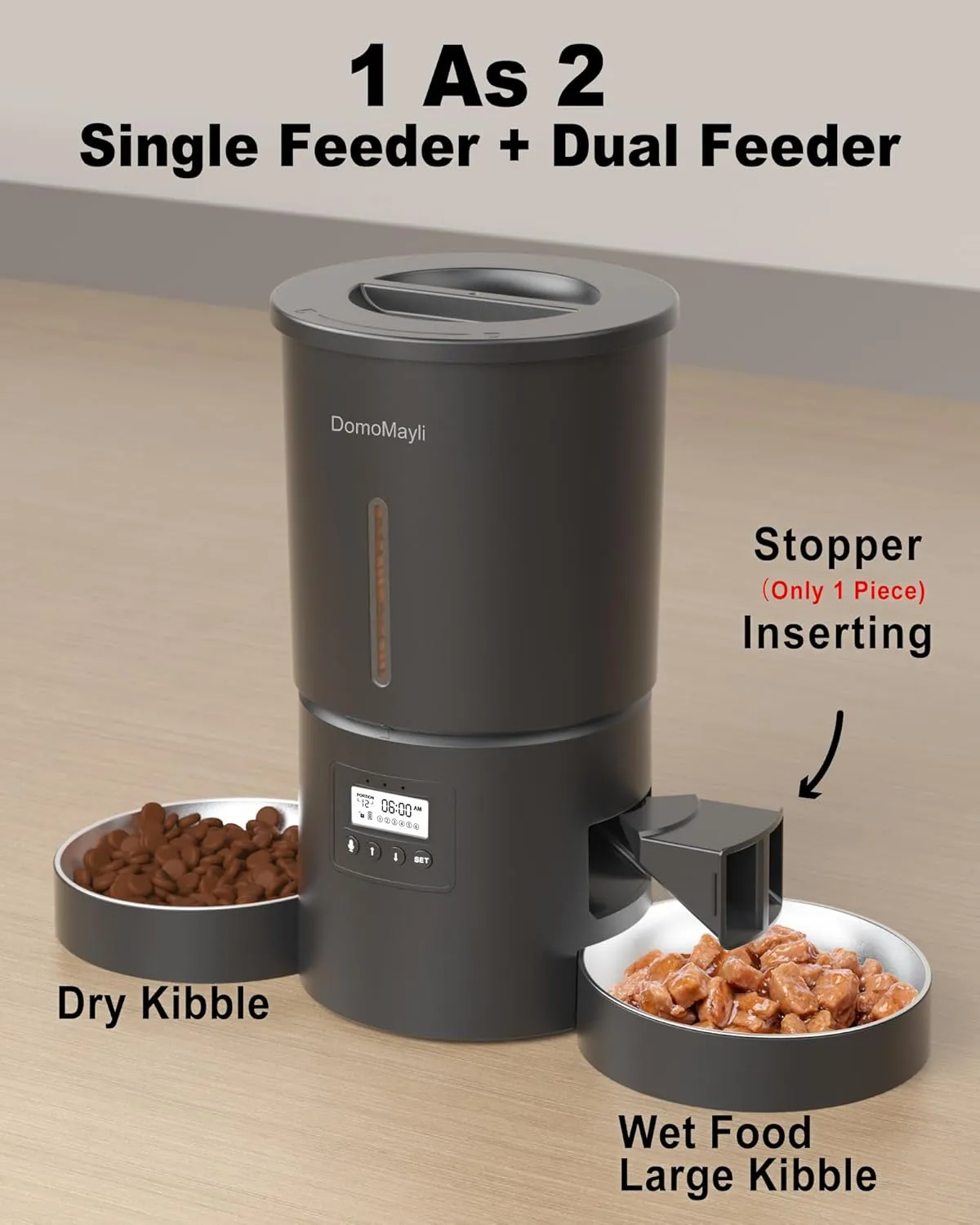 Automatic Dual Cats Feeder for 2 Cats,6 Meals/Day,12 Portions/Meal,Dual Power Auto Pet Feeder Dry Food Dispenser,Flexible Schedule Timer 10S Voice Record (Black, ABS Dual Bowls)