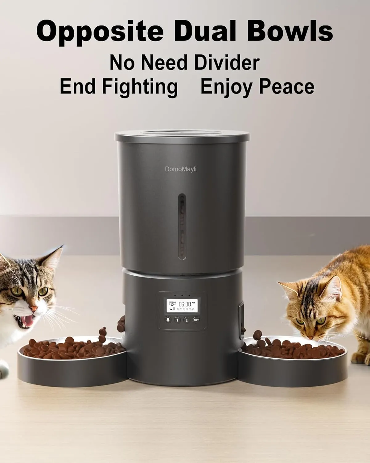 Automatic Dual Cats Feeder for 2 Cats,6 Meals/Day,12 Portions/Meal,Dual Power Auto Pet Feeder Dry Food Dispenser,Flexible Schedule Timer 10S Voice Record (Black, ABS Dual Bowls)