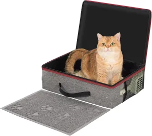 Avont Portable Travel Litter Box for Cats, Waterproof Leak-Proof Foldable Collapsible Kitty Box with Zipped Lid, Mat and Scoop, Easy to Carry Ideal for Hotels Cars -M