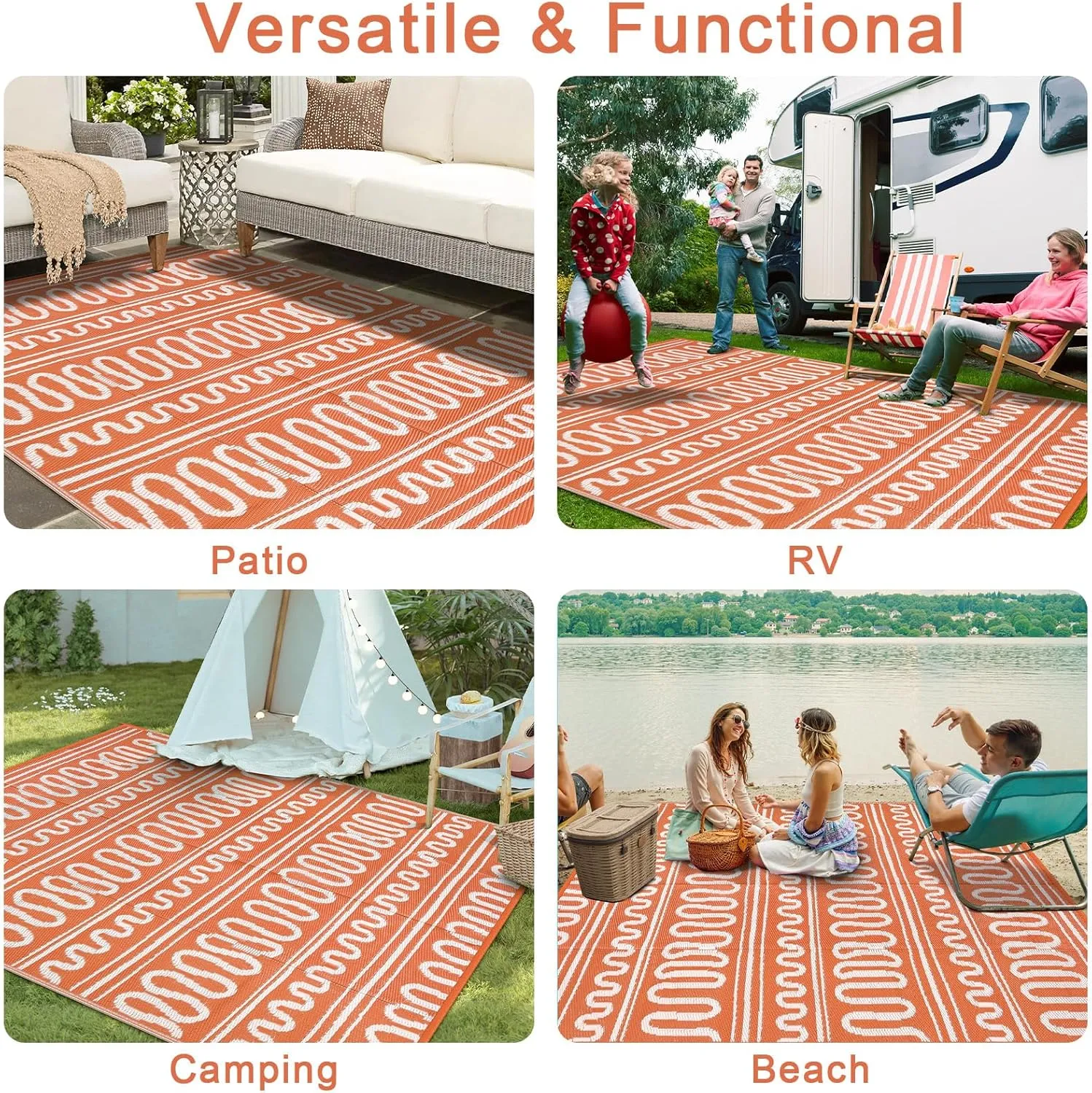 Beeiva Waterproof Outdoor Rug, 6x9 Plastic Outdoor Rug for Patio, Reversible Non Shedding RV Outdoor Mat for Deck, Balcony, Backyard, Porch, Camping, Picnic - Orange