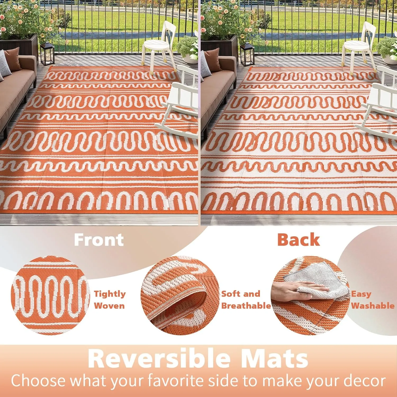 Beeiva Waterproof Outdoor Rug, 6x9 Plastic Outdoor Rug for Patio, Reversible Non Shedding RV Outdoor Mat for Deck, Balcony, Backyard, Porch, Camping, Picnic - Orange