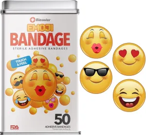 BioSwiss Bandages, Emoji Shaped Self Adhesive Bandage, Latex Free Sterile Wound Care, Fun First Aid Kit Supplies for Kids, 50 Count