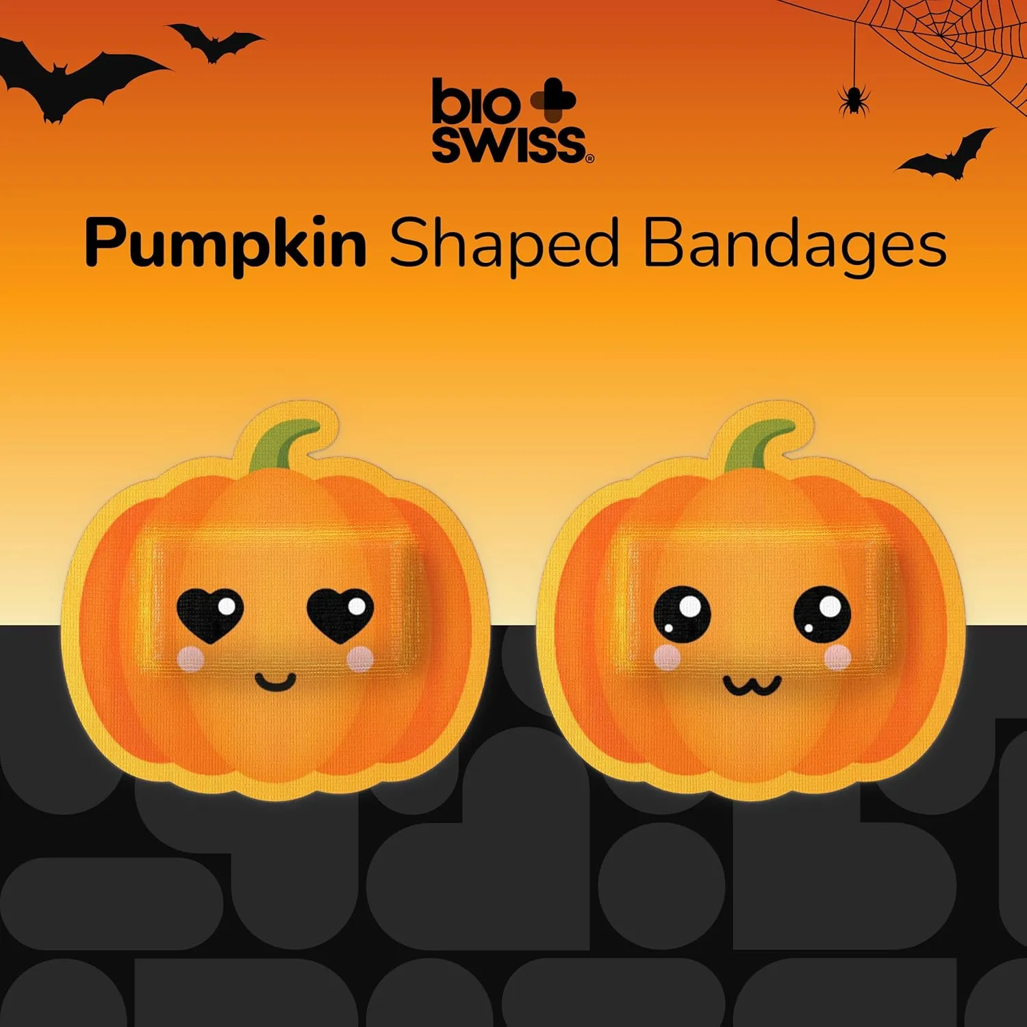 BioSwiss Bandages, Halloween Pumpkin Shaped Self Adhesive Bandage, Latex Free Sterile Wound Care, Fun First Aid Kit Supplies for Kids, 50 Count