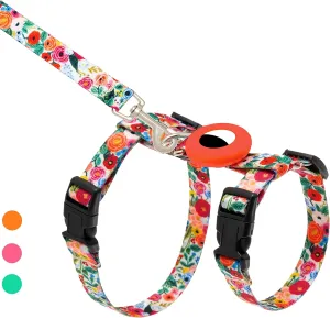 Cat Harness and Leash Escape Proof for Walking Travel Outdoor - Cute Floral Nylon Adjustable Cute Cat Harness Leash Set with Airtag Holder for Small Large Cats