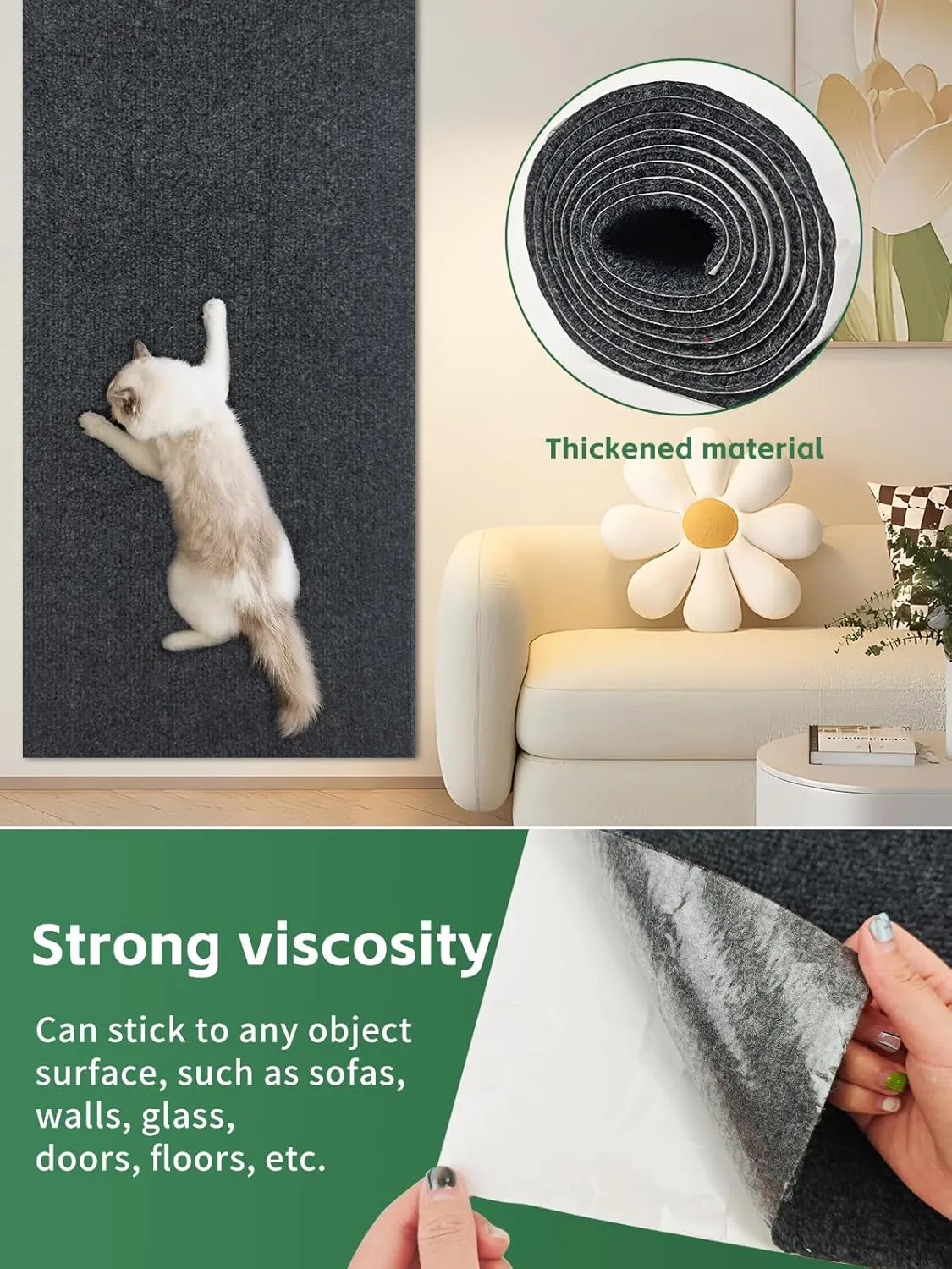 Cat Scratching Mat, 100"x16" Self-Adhesive Cat Scratching Furniture Protector Trimmable Replacement for Couch, Wall Shelves, Corner Protectors(Dark Grey)