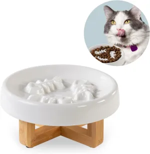 Ceramic Cat Feeder Bowl with Stand, Slow Eating, Healthy Diet, 8.4x3x8.4 inches, 2.0 lbs, Medium, All Life Stages, Bone-White, Feeder for Indoor Pets