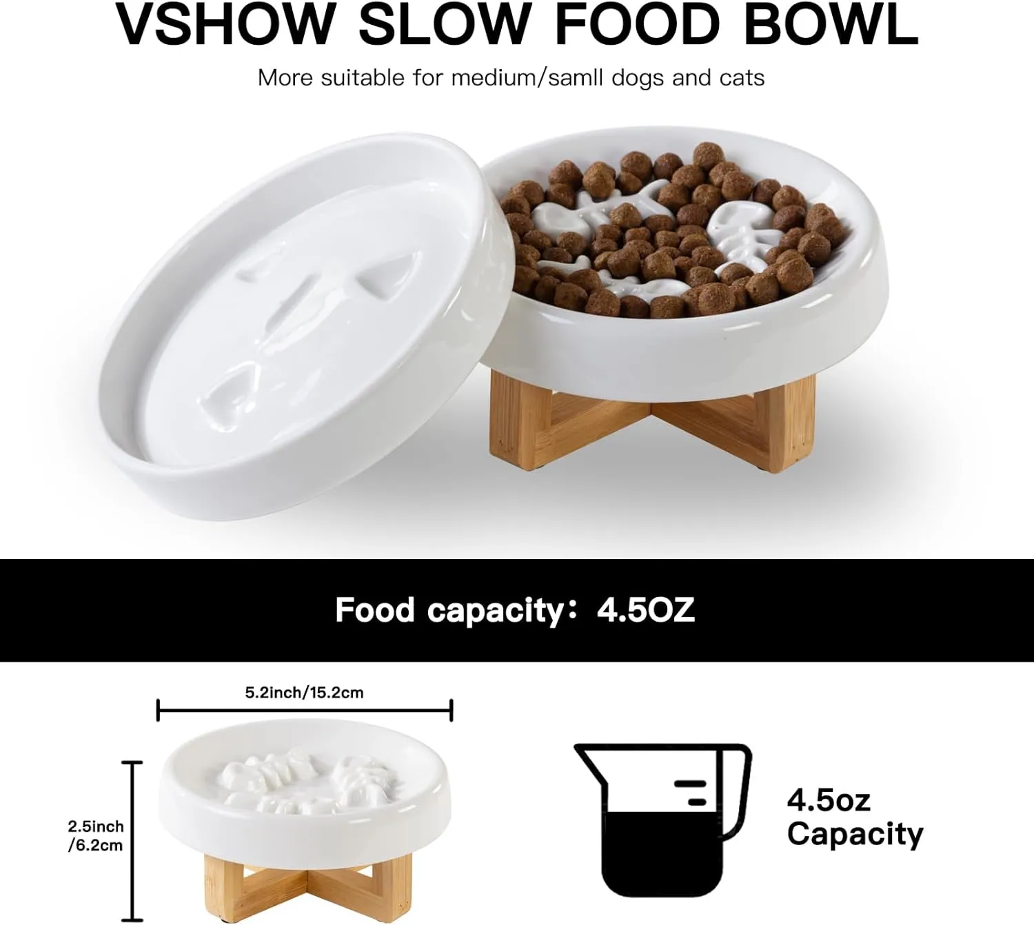 Ceramic Cat Feeder Bowl with Stand, Slow Eating, Healthy Diet, 8.4x3x8.4 inches, 2.0 lbs, Medium, All Life Stages, Bone-White, Feeder for Indoor Pets