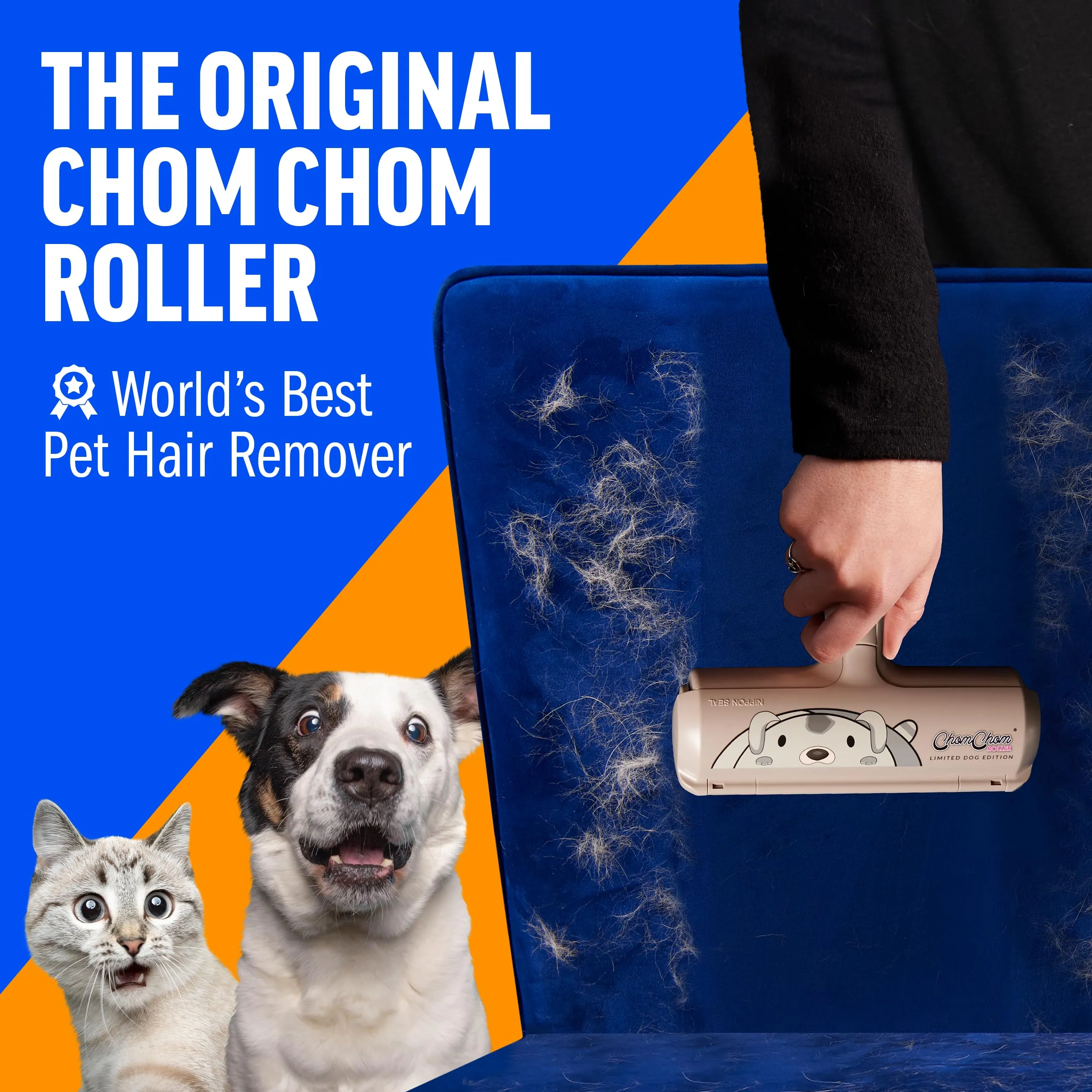 Chom Chom Roller Pet Hair Remover and Reusable Lint Roller - Black ChomChom Cat and Dog Hair Remover for Furniture, Couch, Carpet, Clothing and Bedding - Portable, Multi-Surface Fur Removal Tool