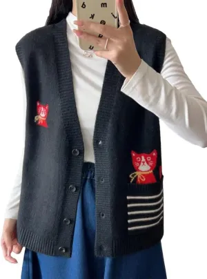 CORIRESHA Girl Cute Cat Rabbit Embroidered Sweater Vest Button Sleeveless Knit Cardigan
