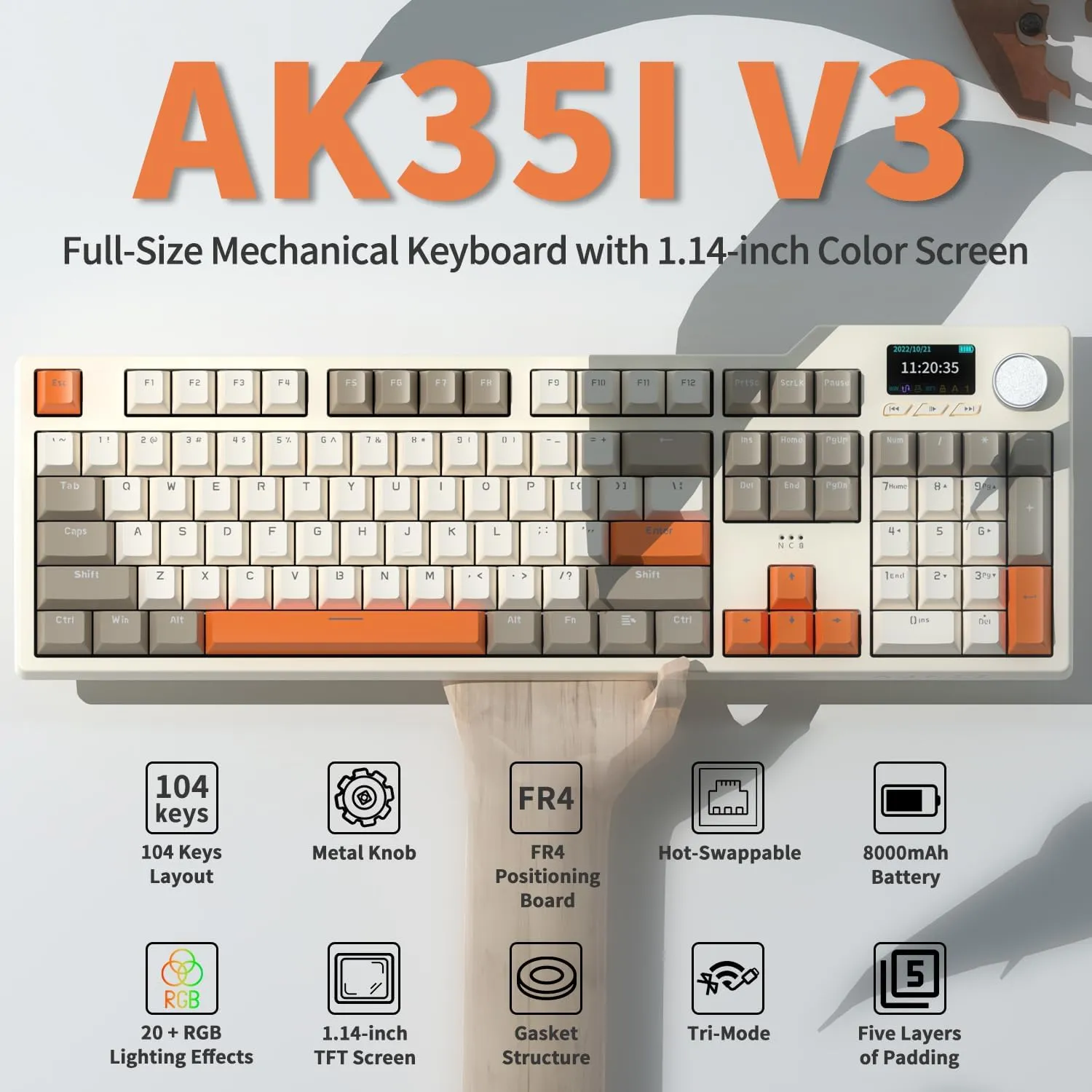 DAIDAIAJAZZ AK35I V3 Full Size Hot Swap Mechanical Gaming Keyboard with Screen & Knob 2.4G/BT/USB-C Gasket Keyboard FR4 Plate 8000mAh Battery South Facing LED RGB (Avocado Axis)