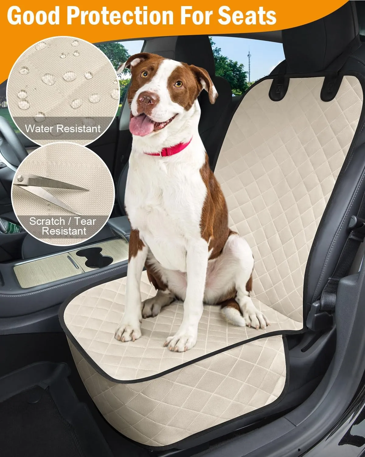 Dog Car Seat Cover, Pets Front Dog Car Seat Cover for SUV, Trucks. Waterproof Nonslip Car Seat Covers for Dogs Front Seats, Medium, Beige