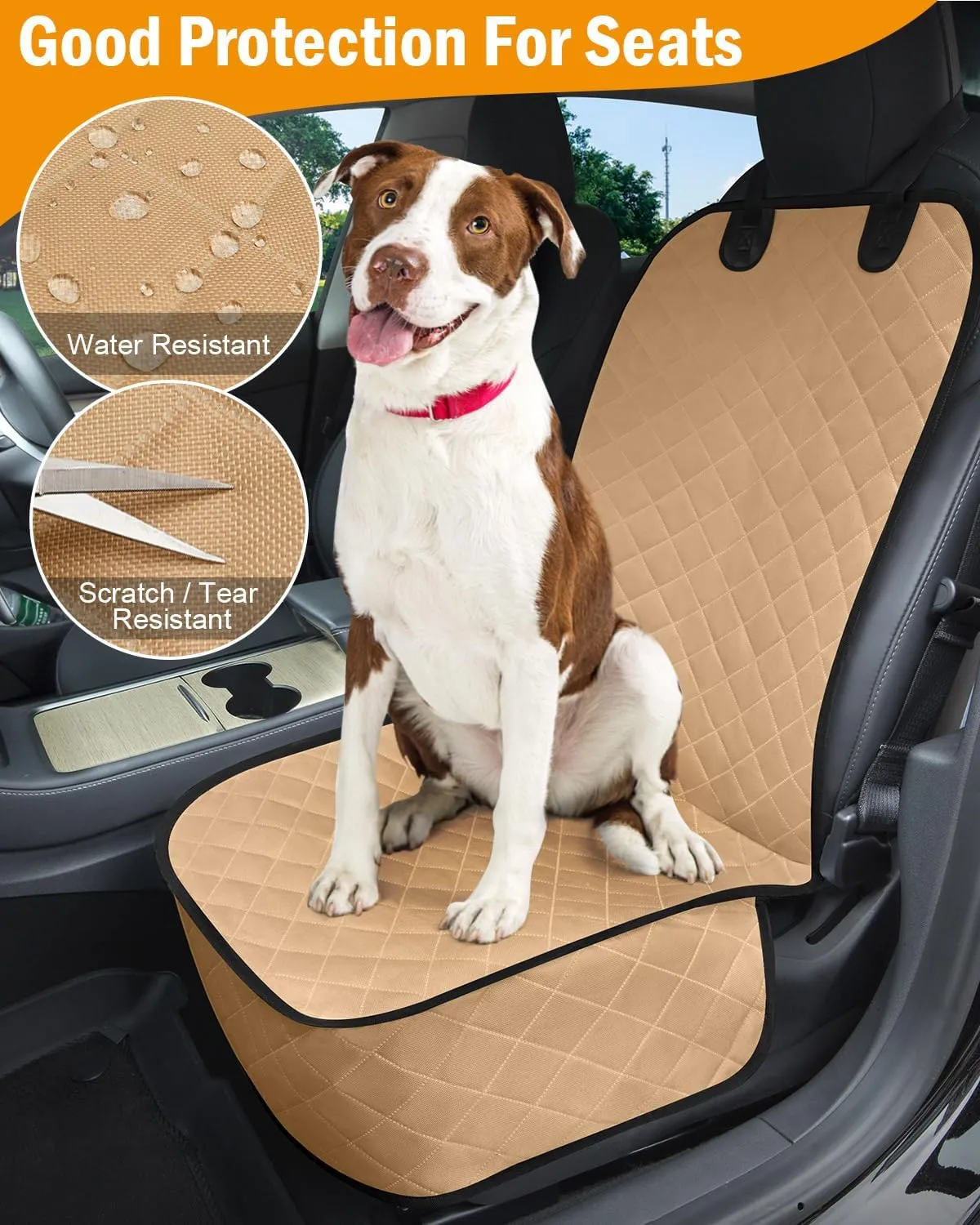 Dog Car Seat Cover, Pets Front Dog Car Seat Cover for SUV, Trucks. Waterproof Nonslip Car Seat Covers for Dogs Front Seats, Medium, Khaki