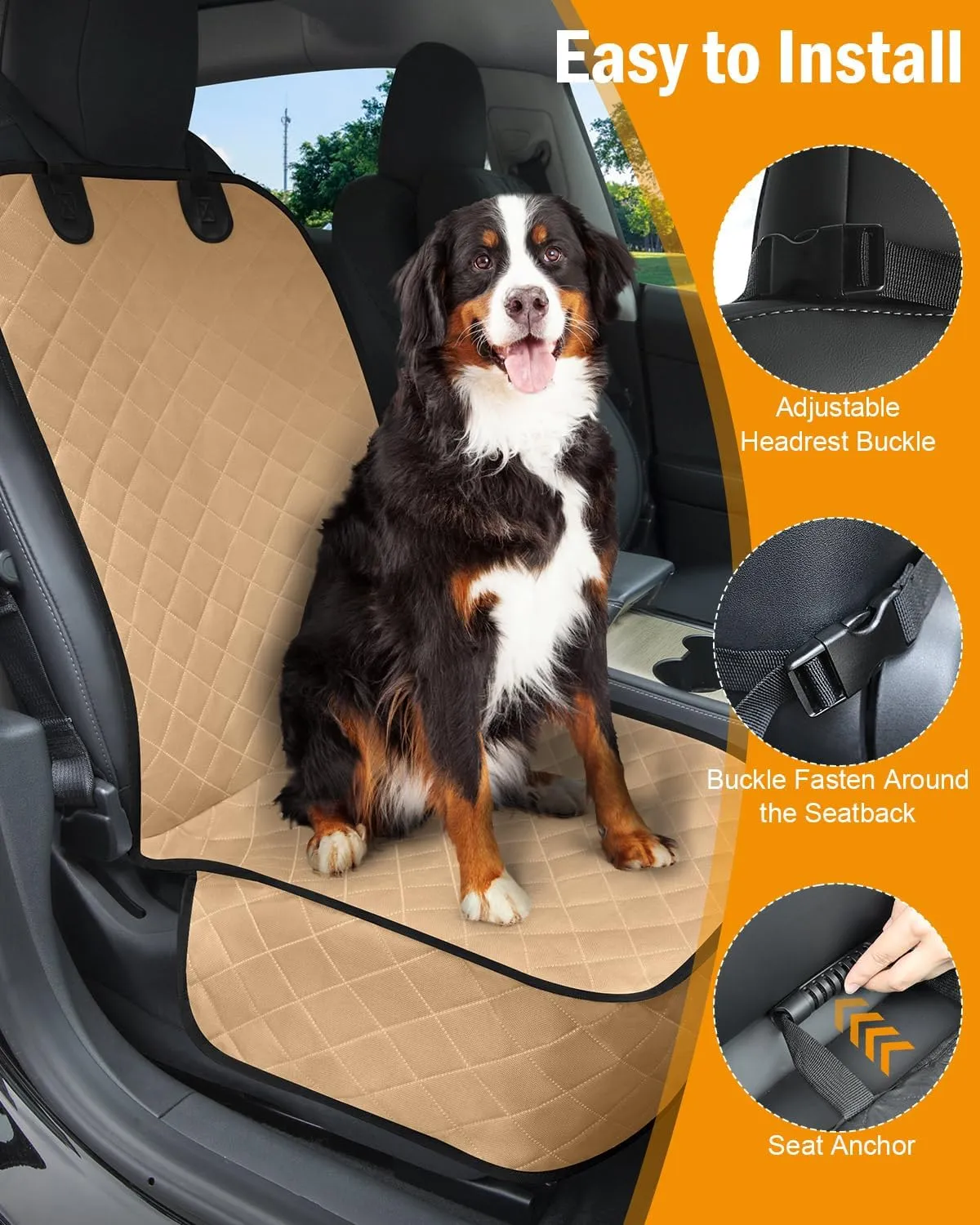 Dog Car Seat Cover, Pets Front Dog Car Seat Cover for SUV, Trucks. Waterproof Nonslip Car Seat Covers for Dogs Front Seats, Medium, Khaki