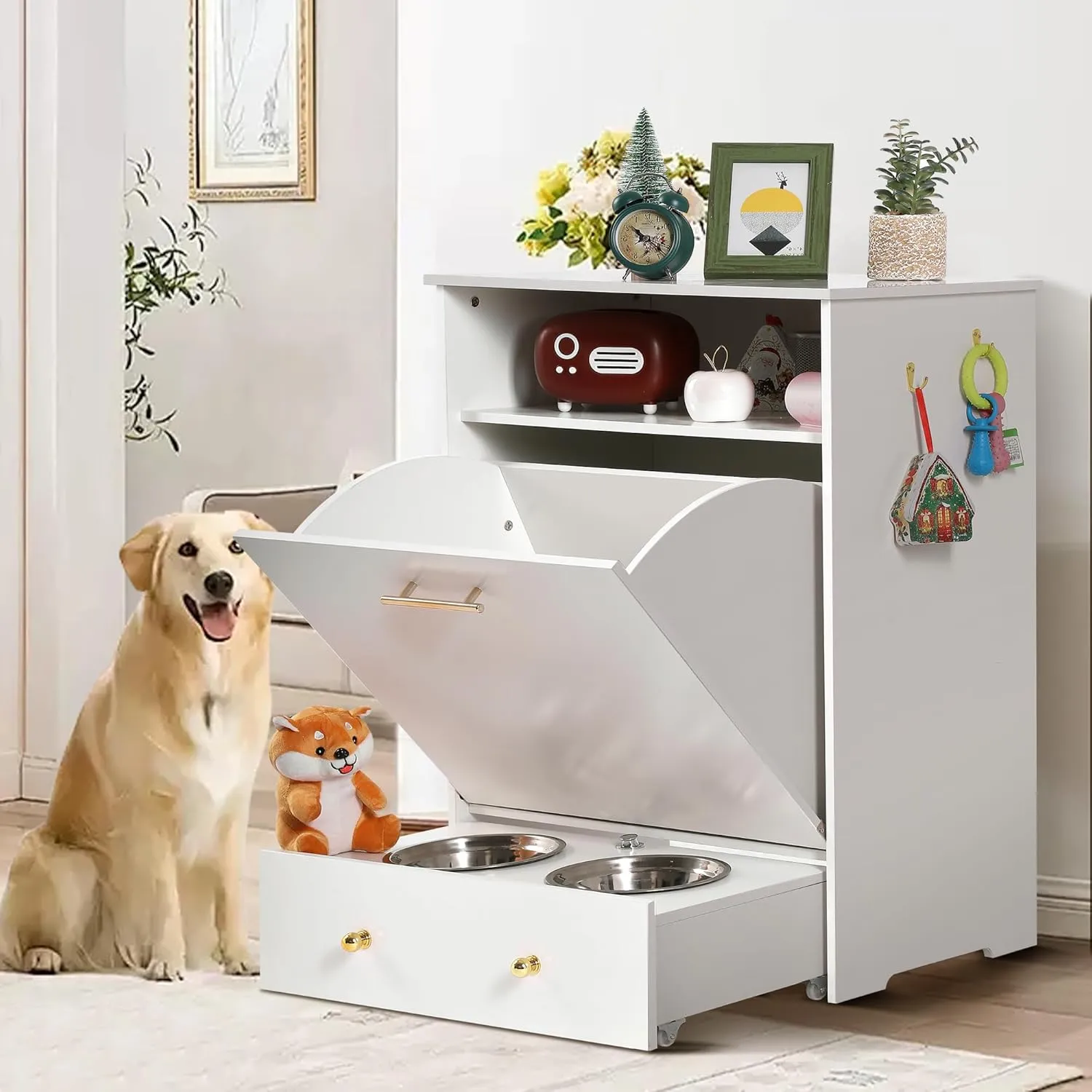 Dog Feeding Station Cabinet, Dog Food Storage Cabinet with Hidden Raised Dog Bowls for Feeding, Pet Feeder Container with Wheels and Hanger, Pull Out Pet Food Cabinet (White)