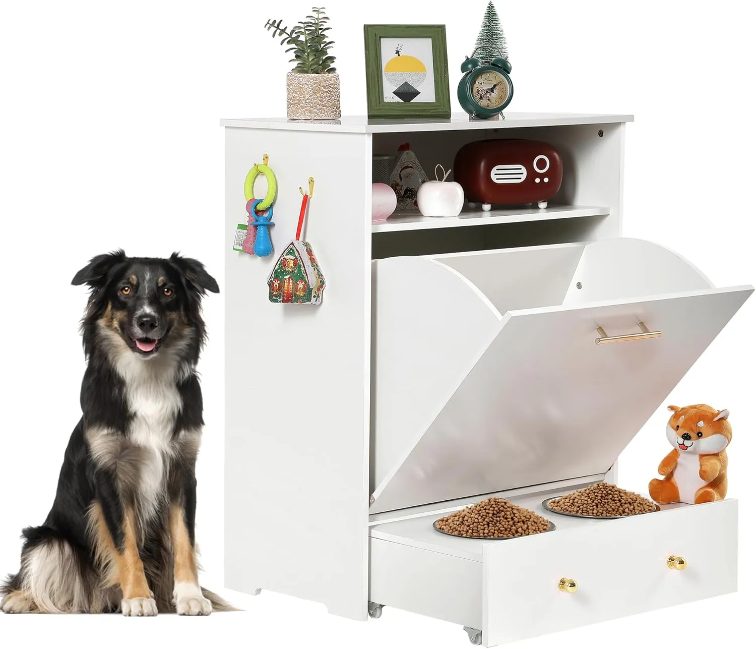 Dog Feeding Station Cabinet, Dog Food Storage Cabinet with Hidden Raised Dog Bowls for Feeding, Pet Feeder Container with Wheels and Hanger, Pull Out Pet Food Cabinet (White)