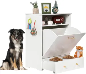 Dog Feeding Station Cabinet, Dog Food Storage Cabinet with Hidden Raised Dog Bowls for Feeding, Pet Feeder Container with Wheels and Hanger, Pull Out Pet Food Cabinet (White)