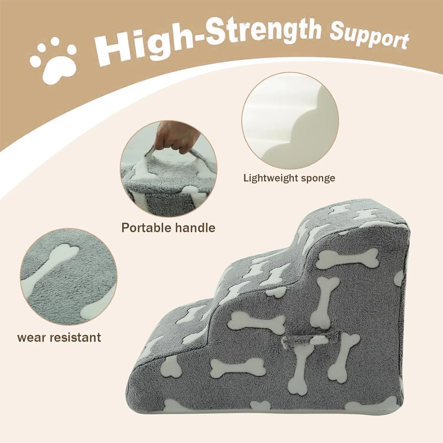 Dog Stairs for Small Dogs, 2/3/4-Step Dog Steps Pet Supplies for Beds and Couch, High Density Foam Pet Steps with Non-Slip Bottom (Grey and White, 3 - Steps, 1)