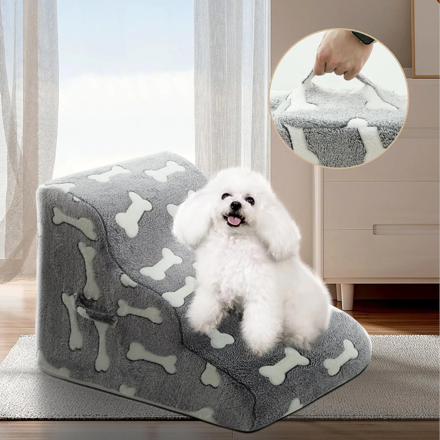 Dog Stairs for Small Dogs, 2/3/4-Step Dog Steps Pet Supplies for Beds and Couch, High Density Foam Pet Steps with Non-Slip Bottom (Grey and White, 3 - Steps, 1)