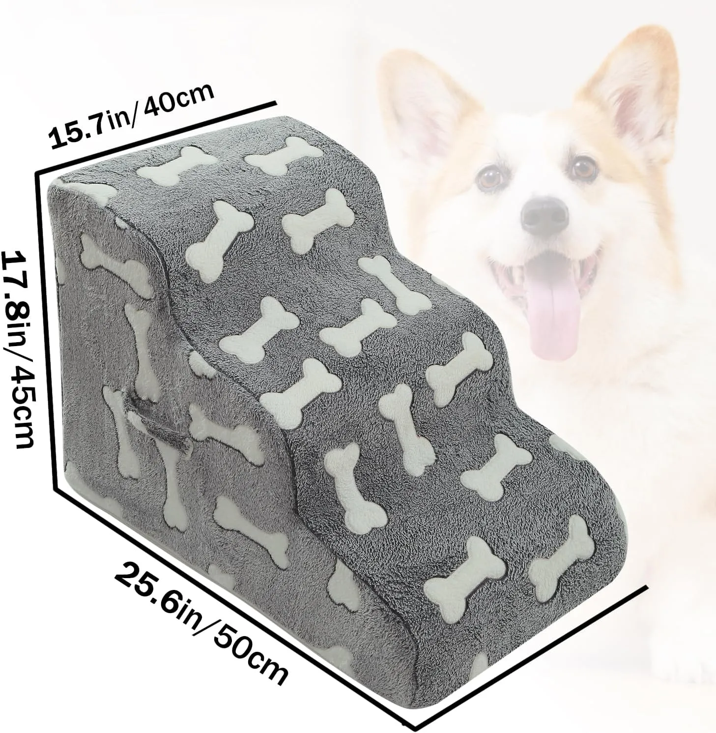 Dog Stairs for Small Dogs, 2/3/4-Step Dog Steps Pet Supplies for Beds and Couch, High Density Foam Pet Steps with Non-Slip Bottom (Grey and White, 3 - Steps, 1)