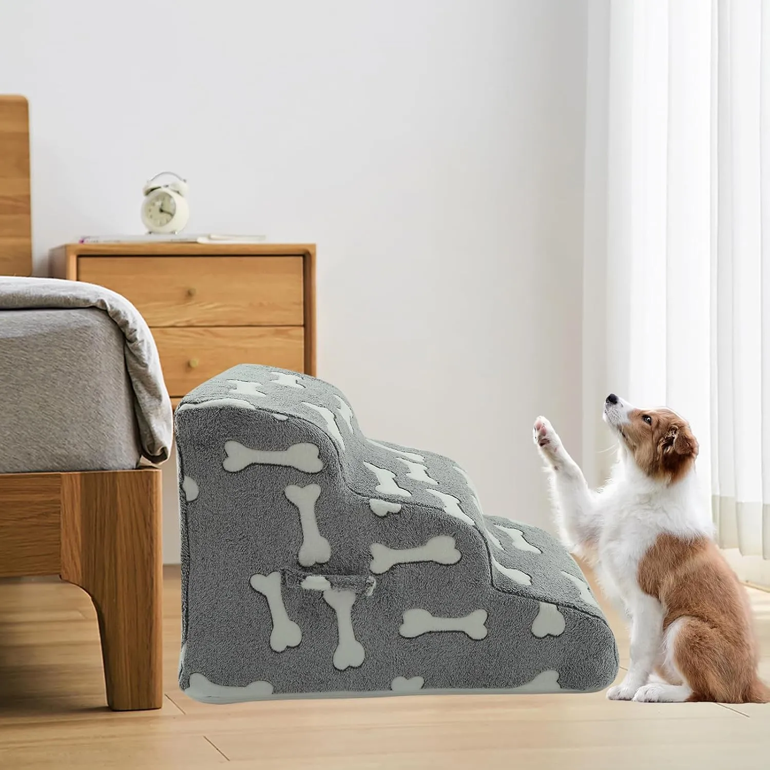 Dog Stairs for Small Dogs, 2/3/4-Step Dog Steps Pet Supplies for Beds and Couch, High Density Foam Pet Steps with Non-Slip Bottom (Grey and White, 3 - Steps, 1)