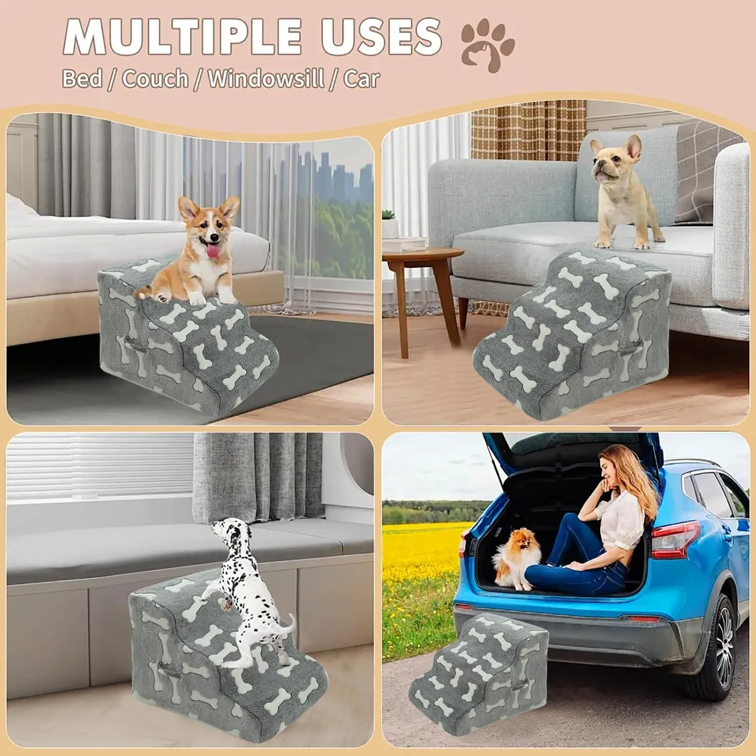Dog Stairs for Small Dogs, 2/3/4-Step Dog Steps Pet Supplies for Beds and Couch, High Density Foam Pet Steps with Non-Slip Bottom (Grey and White, 3 - Steps, 1)