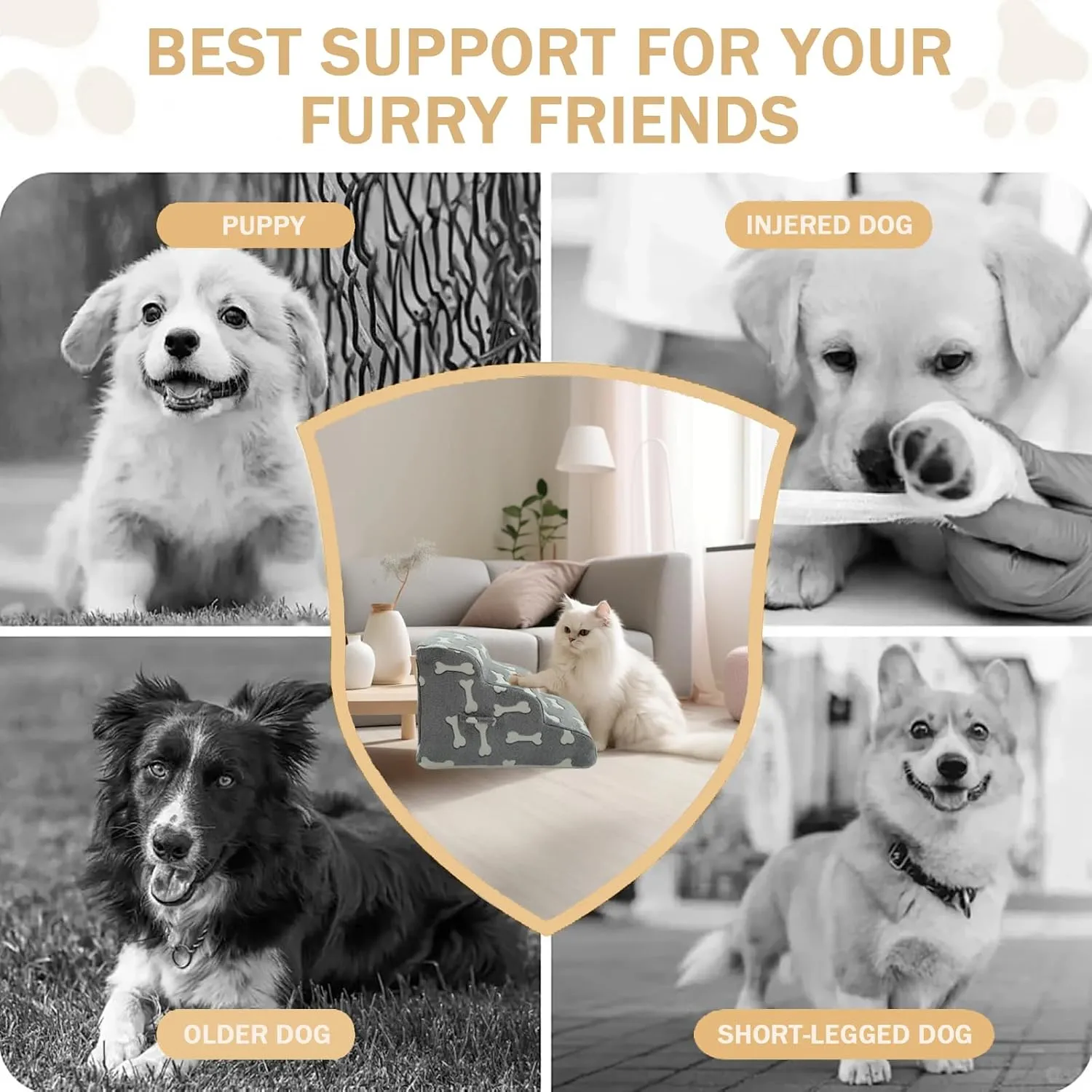 Dog Stairs for Small Dogs, 2/3/4-Step Dog Steps Pet Supplies for Beds and Couch, High Density Foam Pet Steps with Non-Slip Bottom (Grey and White, 3 - Steps, 1)