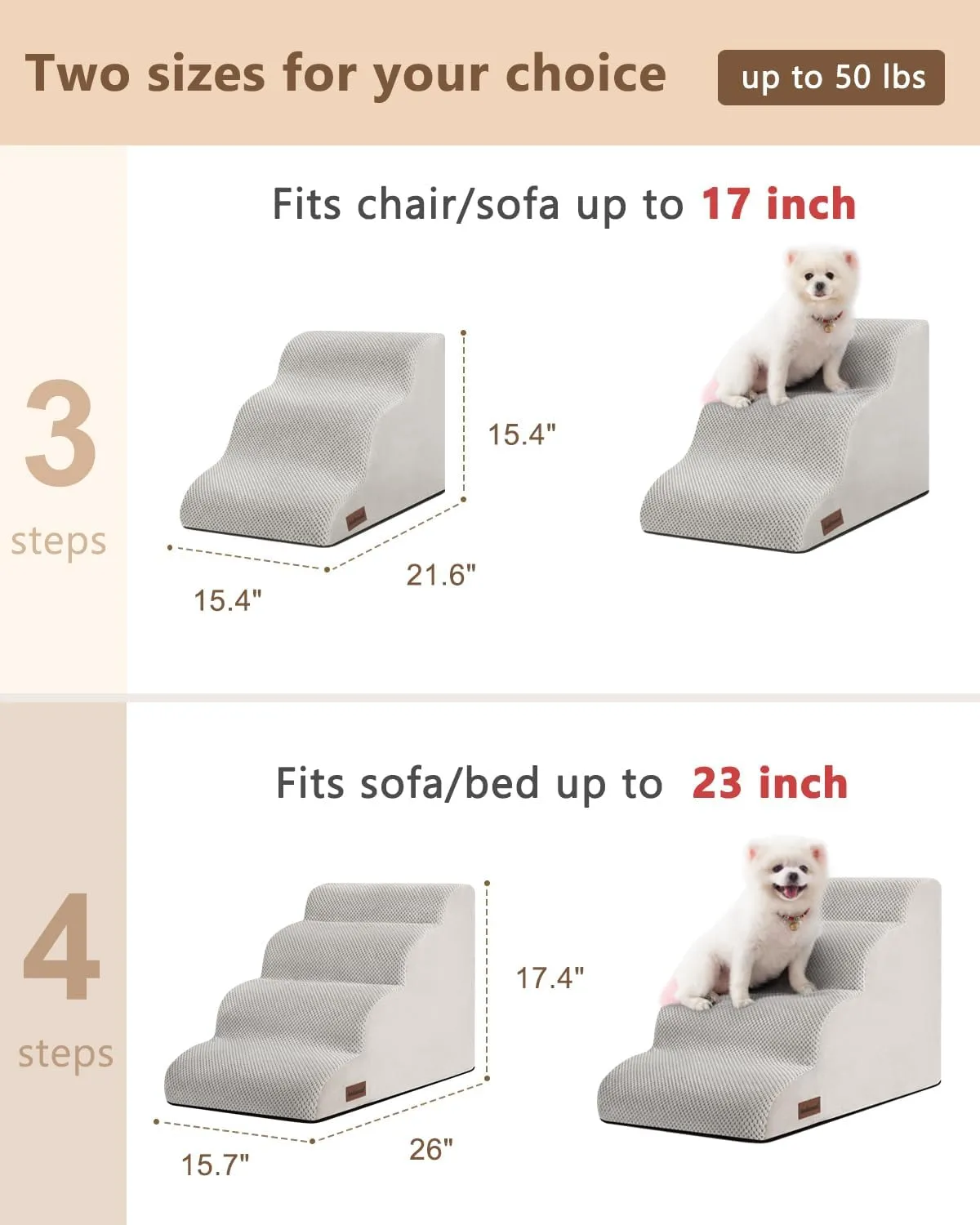 Dog Stairs for Small Dogs,3 Step Dog Ramp for Couch and Bed,Pet Stairs with Non-Slip Bottom for Old Cats,Indoor Pet Steps,Comfort,Durable,15.4" H,Light Grey