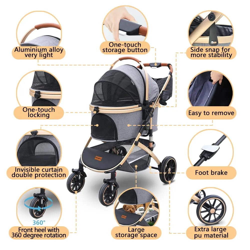 Dog stroller with 4 Wheels, Folding Cat Stroller for Small/Medium/Large dogs & cats to 60 lbs, pet stroller with removable carrier, Storage Basket,Cup Holder,3 in1 Multifunctiona Detachable