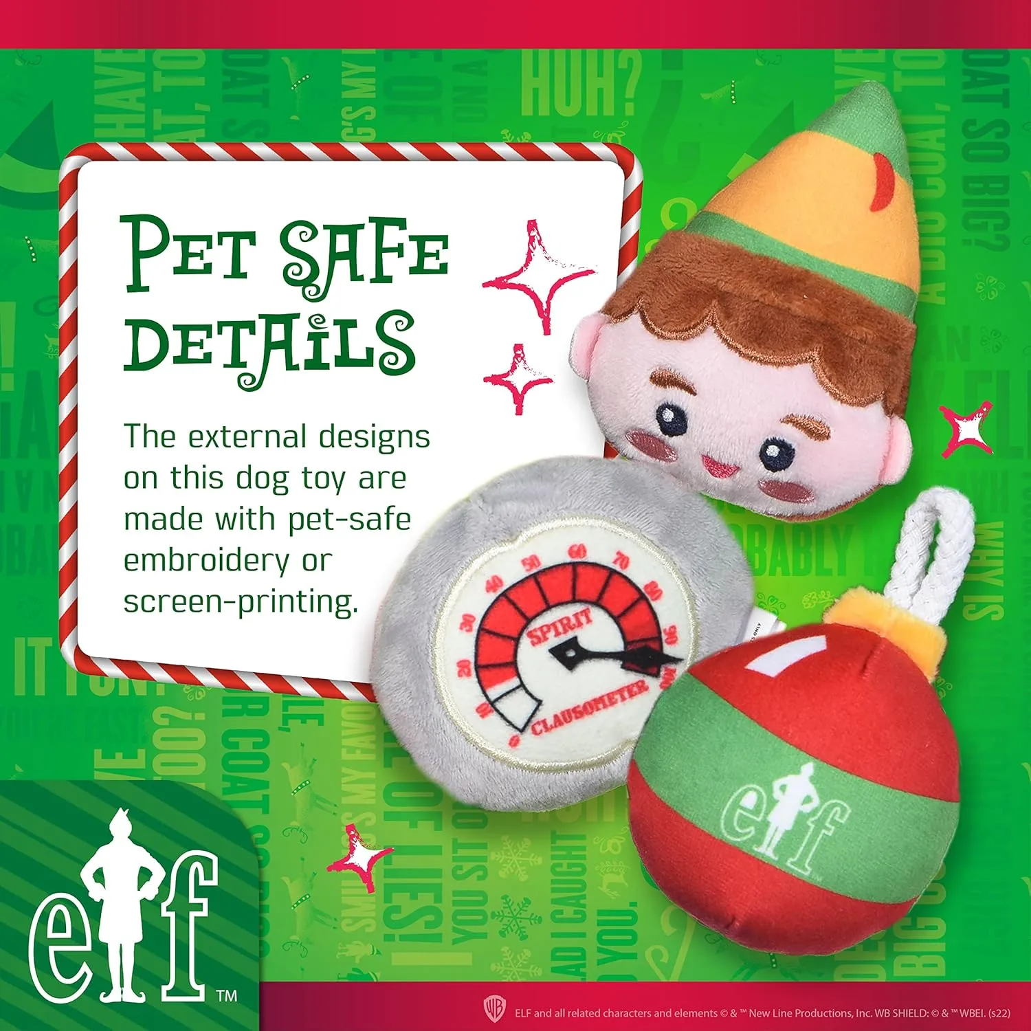 Elf: Holiday Plush Squeaker Buddy The, Clausometer, and Ornament Ball Set - 3pc Toy Set(3)