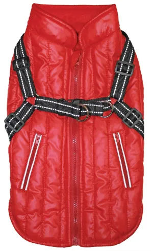 Fleece-Lined Puffy Parka Dog Jacket with Built-In Harness