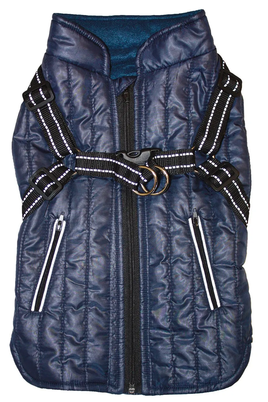 Fleece-Lined Puffy Parka Dog Jacket with Built-In Harness