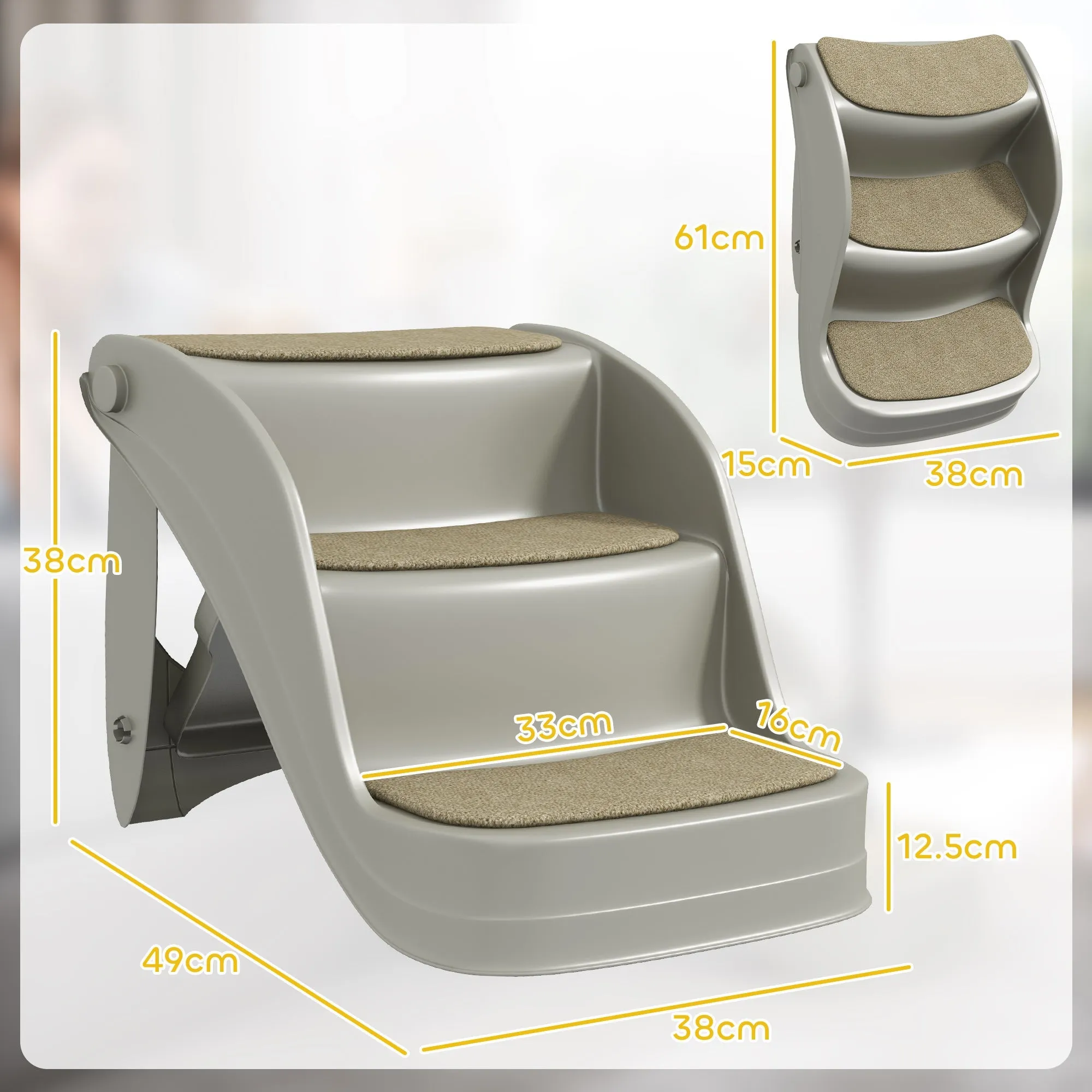 Foldable Pet Stairs 3 Steps with Non-slip Mats for Small Dogs Grey