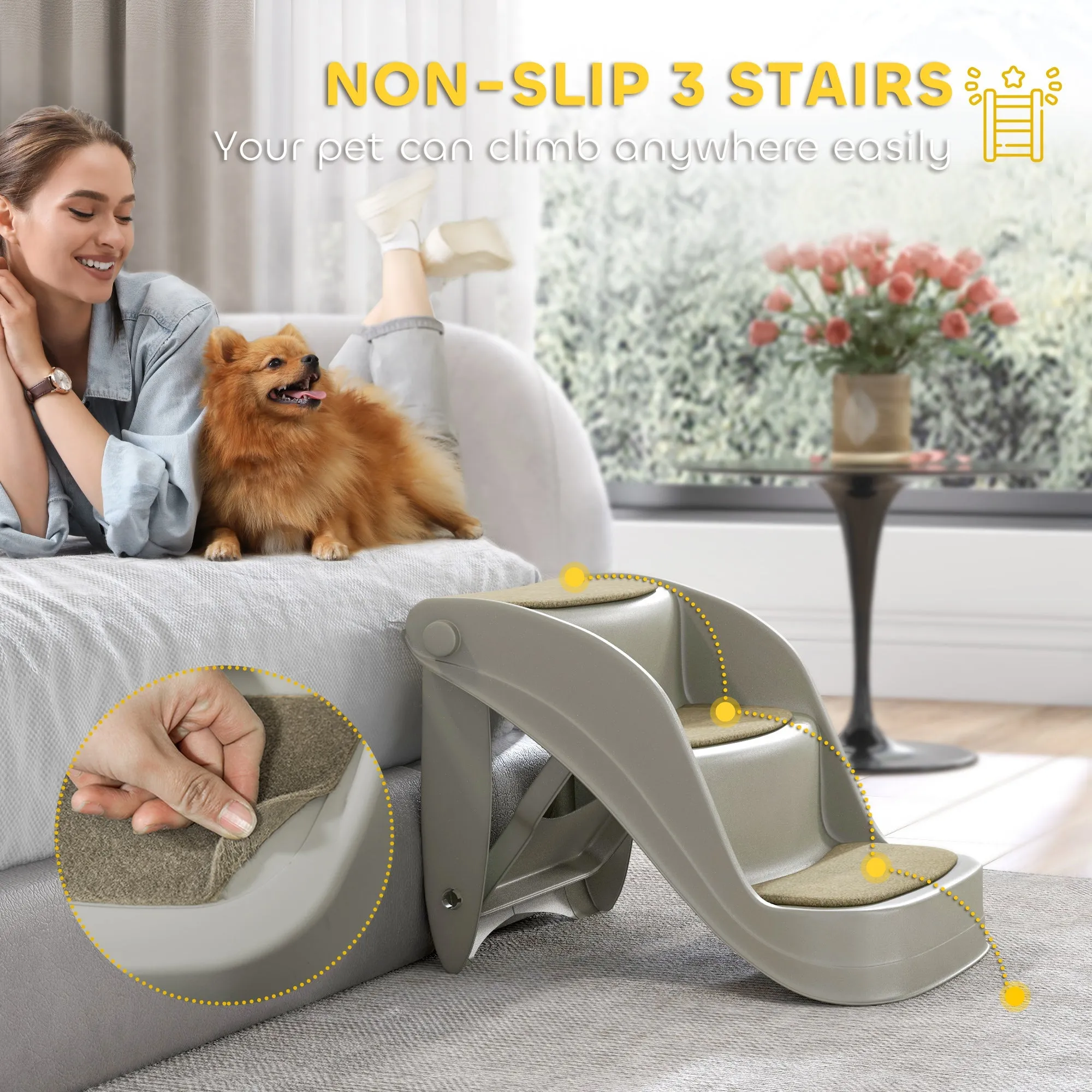 Foldable Pet Stairs 3 Steps with Non-slip Mats for Small Dogs Grey