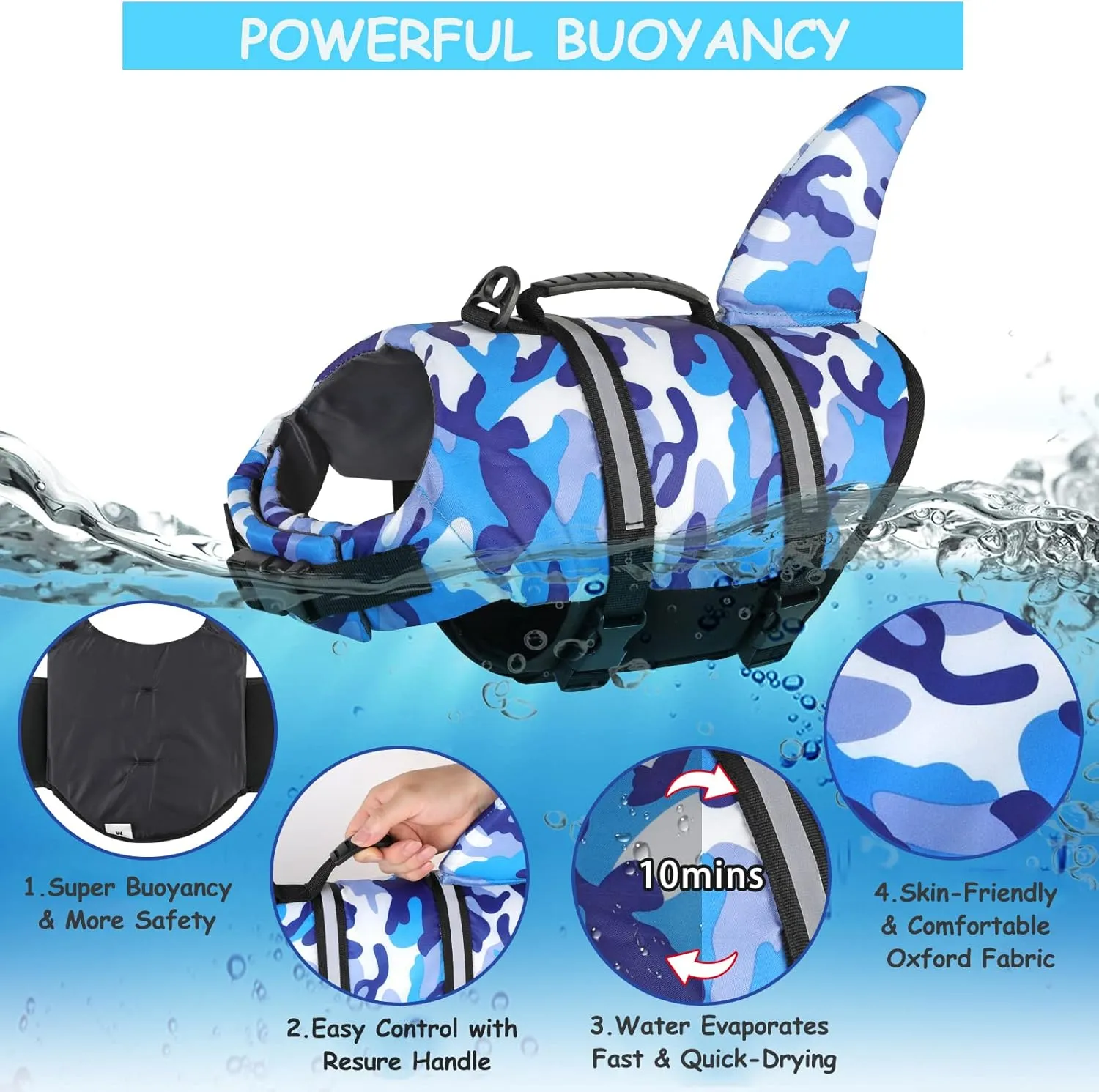 Fragralley Dog Life Jacket - Shark Camo Swimming Vest with Lightweight Reflective Material. Superior Buoyancy & Rescue Handle for Small, Medium and Large Dogs. Safe for Pool, Beach, Boating