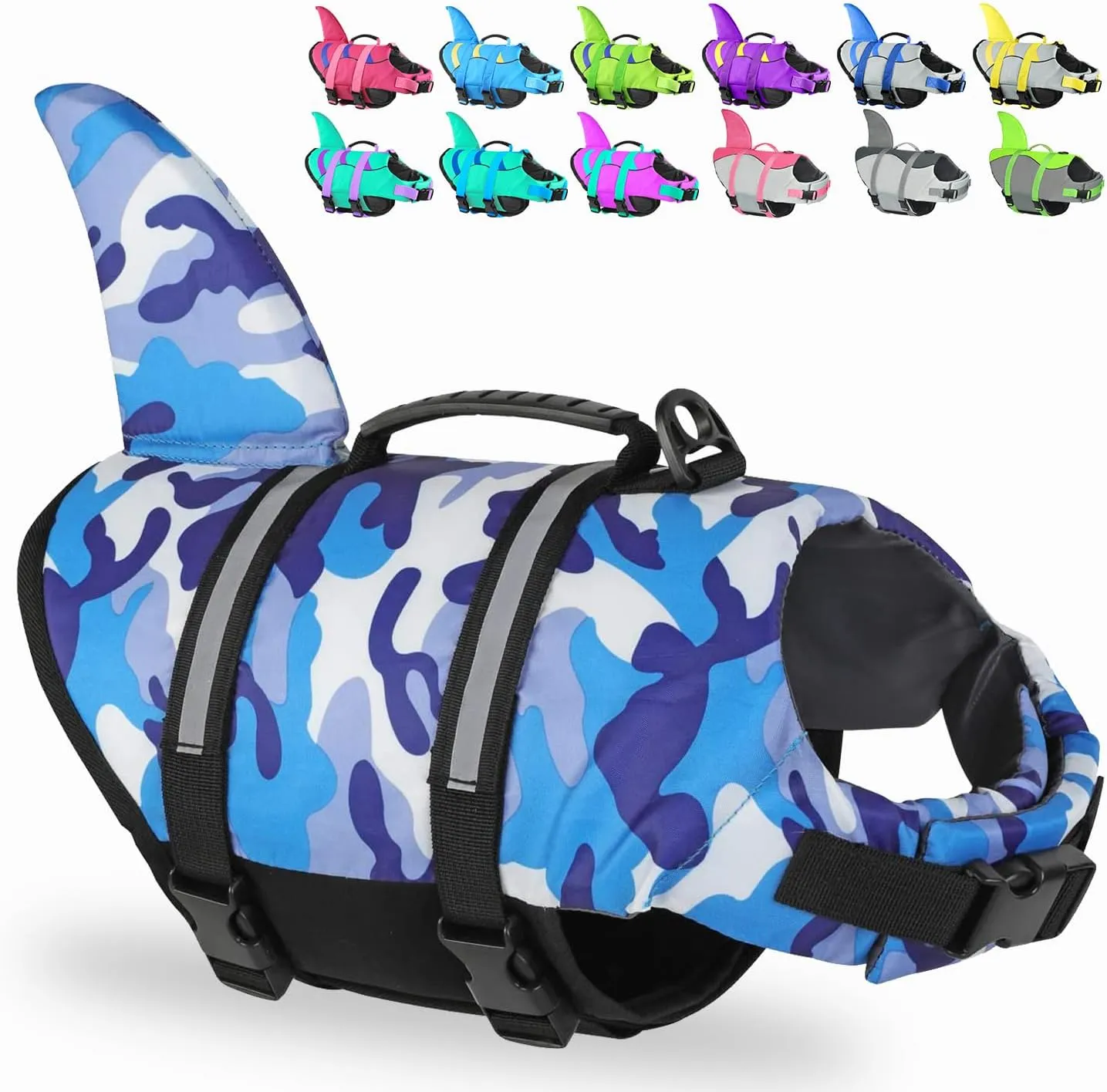 Fragralley Dog Life Jacket - Shark Camo Swimming Vest with Lightweight Reflective Material. Superior Buoyancy & Rescue Handle for Small, Medium and Large Dogs. Safe for Pool, Beach, Boating