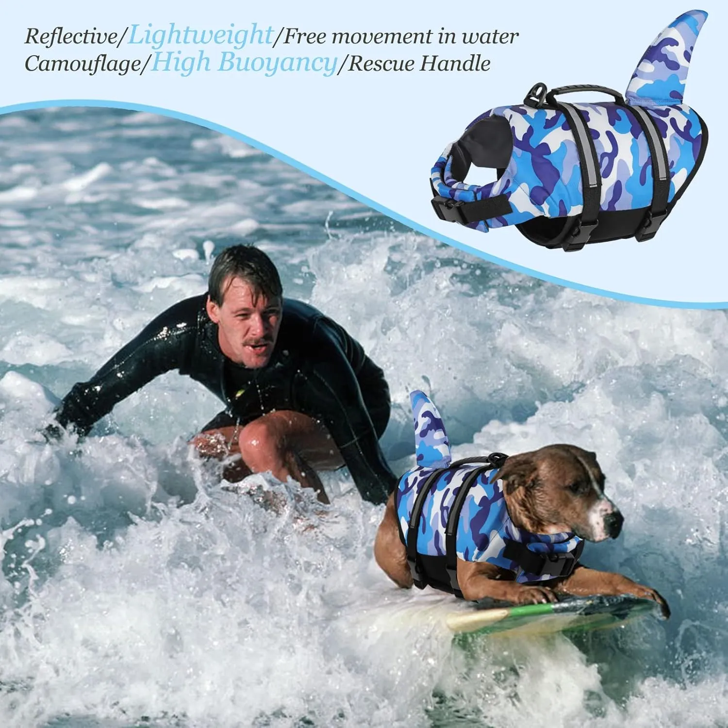 Fragralley Dog Life Jacket - Shark Camo Swimming Vest with Lightweight Reflective Material. Superior Buoyancy & Rescue Handle for Small, Medium and Large Dogs. Safe for Pool, Beach, Boating