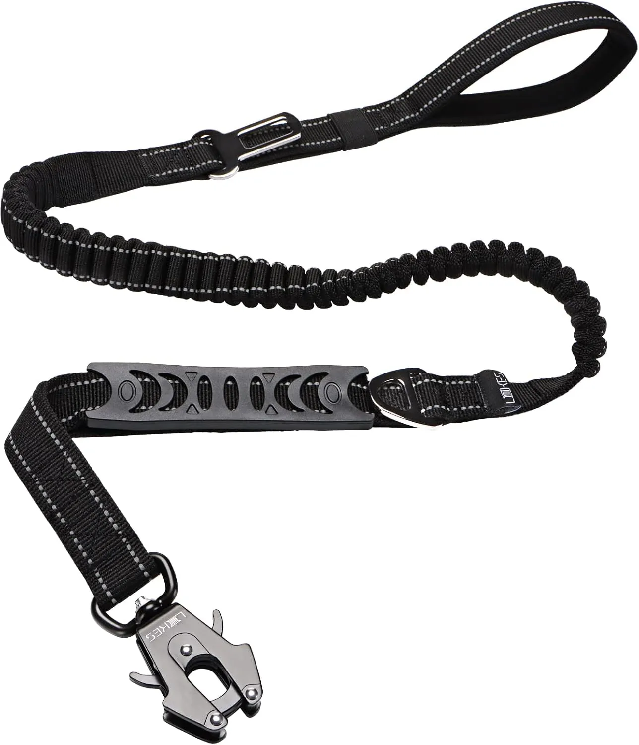 Heavy Duty Adjustable Dog Leash with Car Seat Belt, 4-5FT Power Stretch, Tactical Load Bearing Connector Quick Release/Clamp (Black)