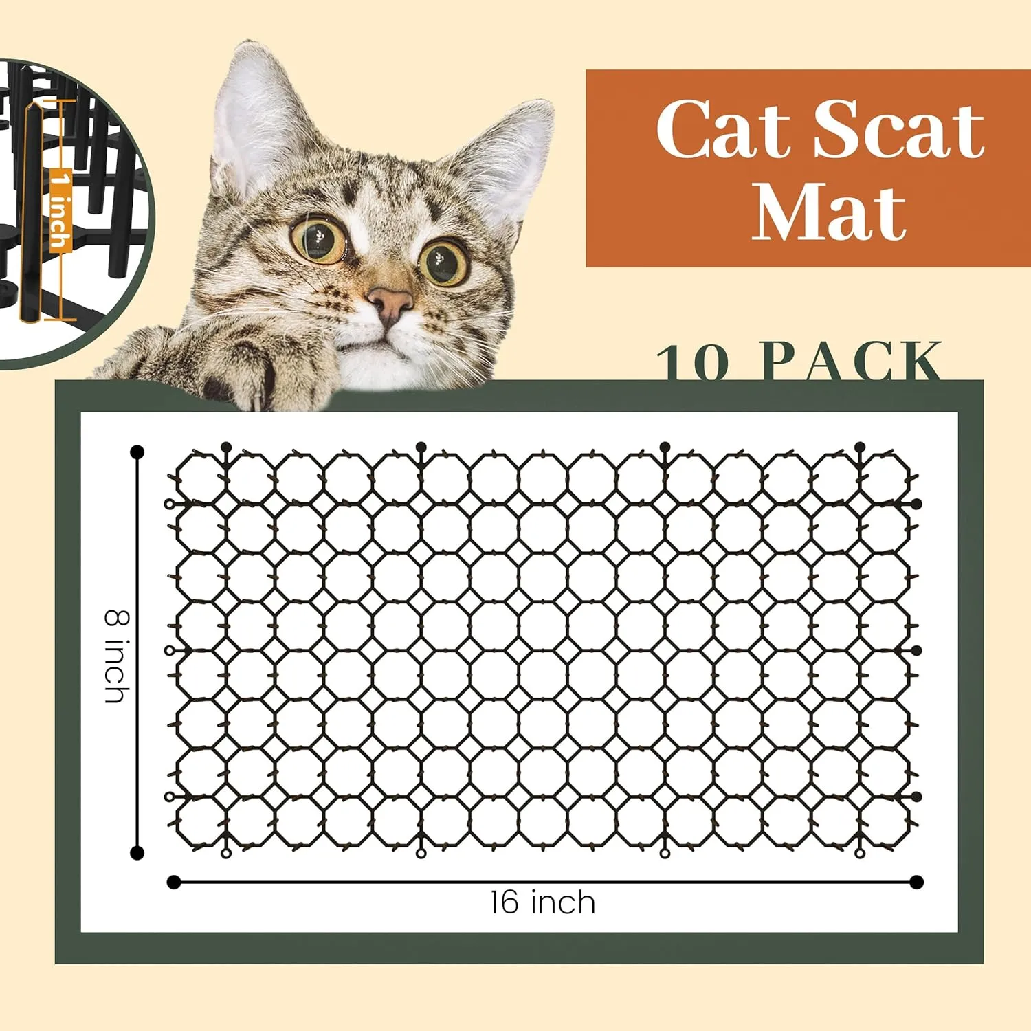 Hmyomina 16 x 8 Inch Scat Mat for Cats, 10 Pack Cat Scat Mat with Spikes - Deterrent Mat for Cats and Dogs - Cat Deterrent Outdoor & Indoor