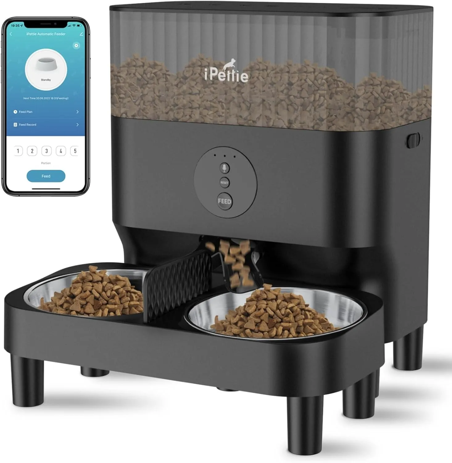 iPettie Automatic WiFi Pet Feeder for 2 Pets, 5L Capacity, 1-10 Meals Per Day, Adjustable Bowl Height, Smart Dog Cat Feeder with 2 Stainless Steel Bowls, 2.4G WiFi App Control for Cats and Small Dogs