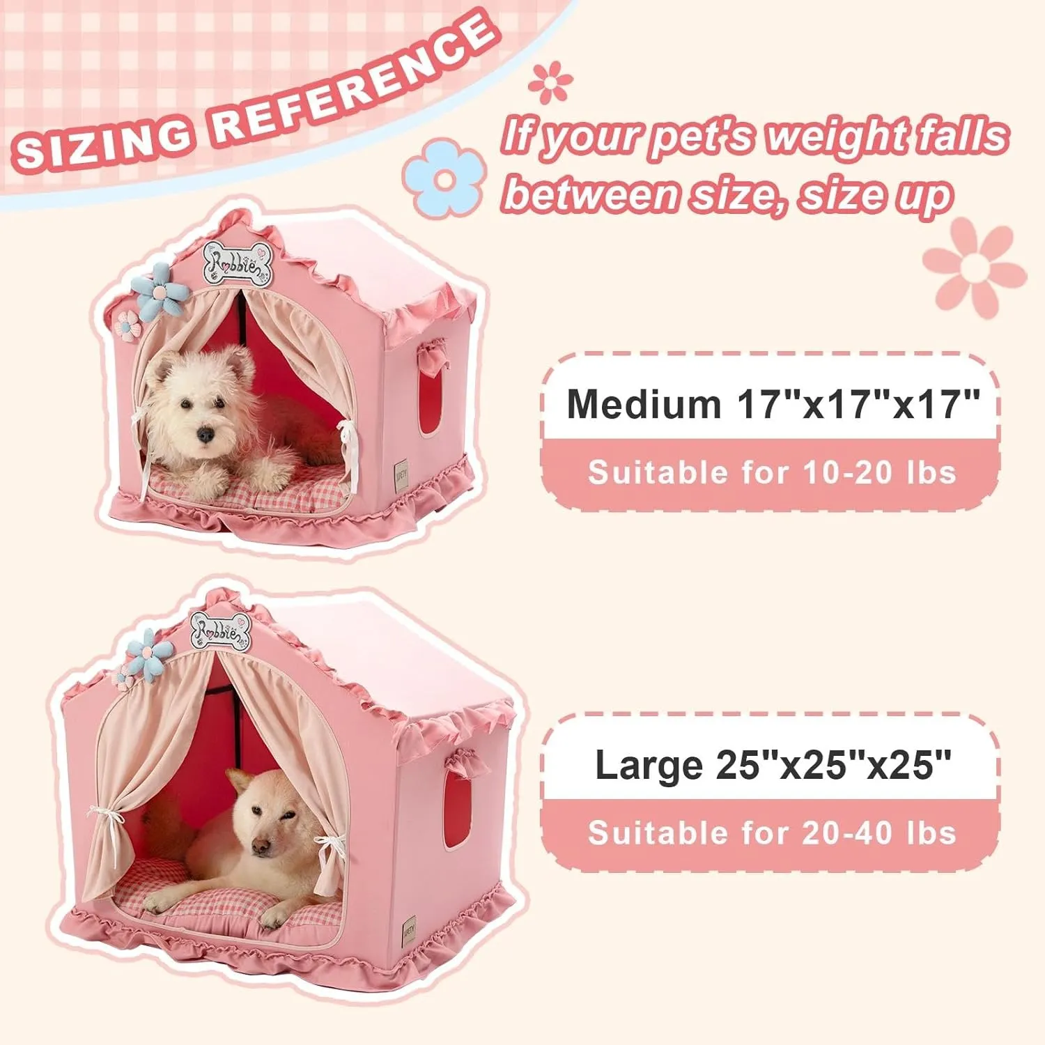 Jiupety Indoor Dog House with Frame, Cute Dog Tent Bed with Cover Cave, Breathable, Washable, and Foldable House, Suitable for 20-40 Lb, Large (25"25"25"), Pink