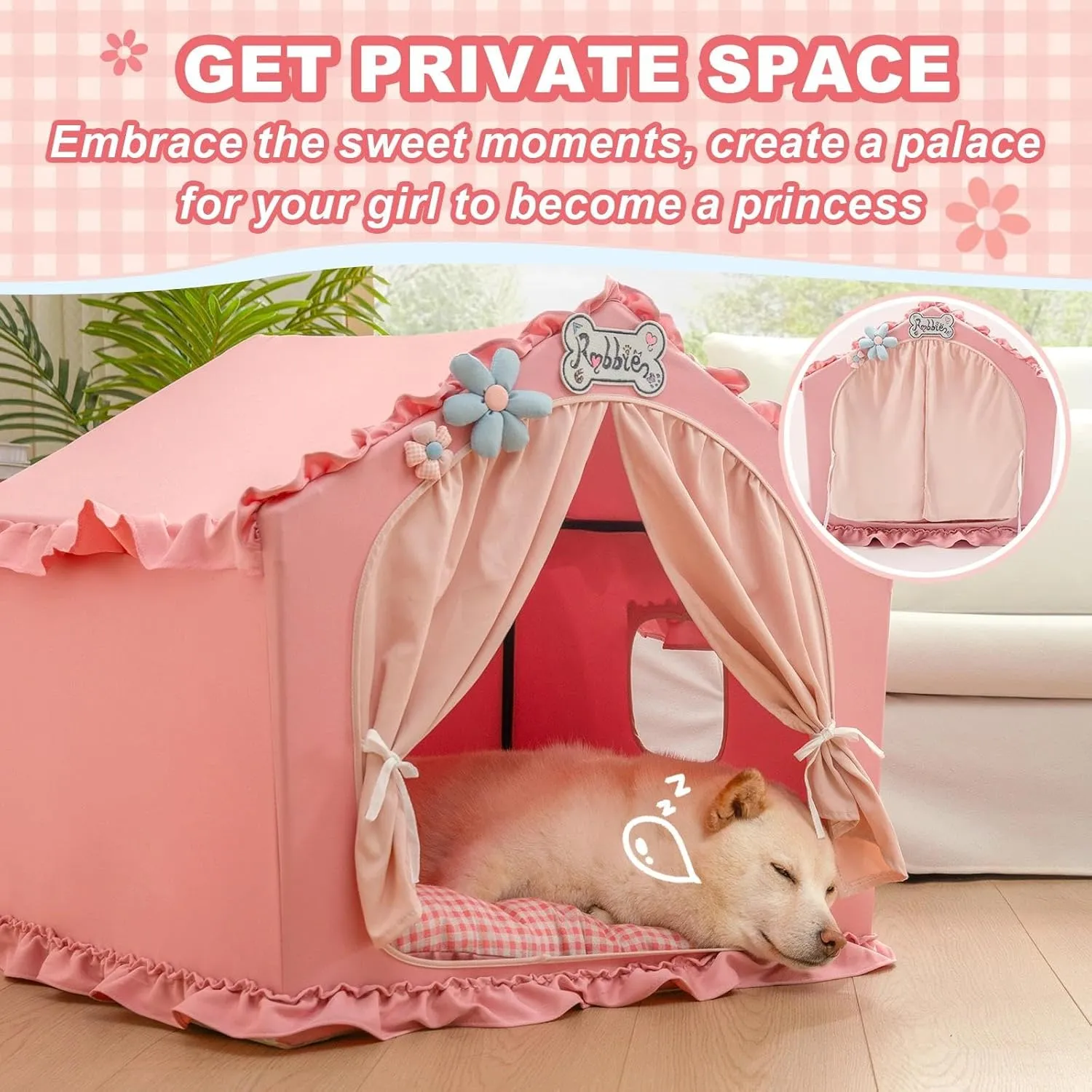 Jiupety Indoor Dog House with Frame, Cute Dog Tent Bed with Cover Cave, Breathable, Washable, and Foldable House, Suitable for 20-40 Lb, Large (25"25"25"), Pink