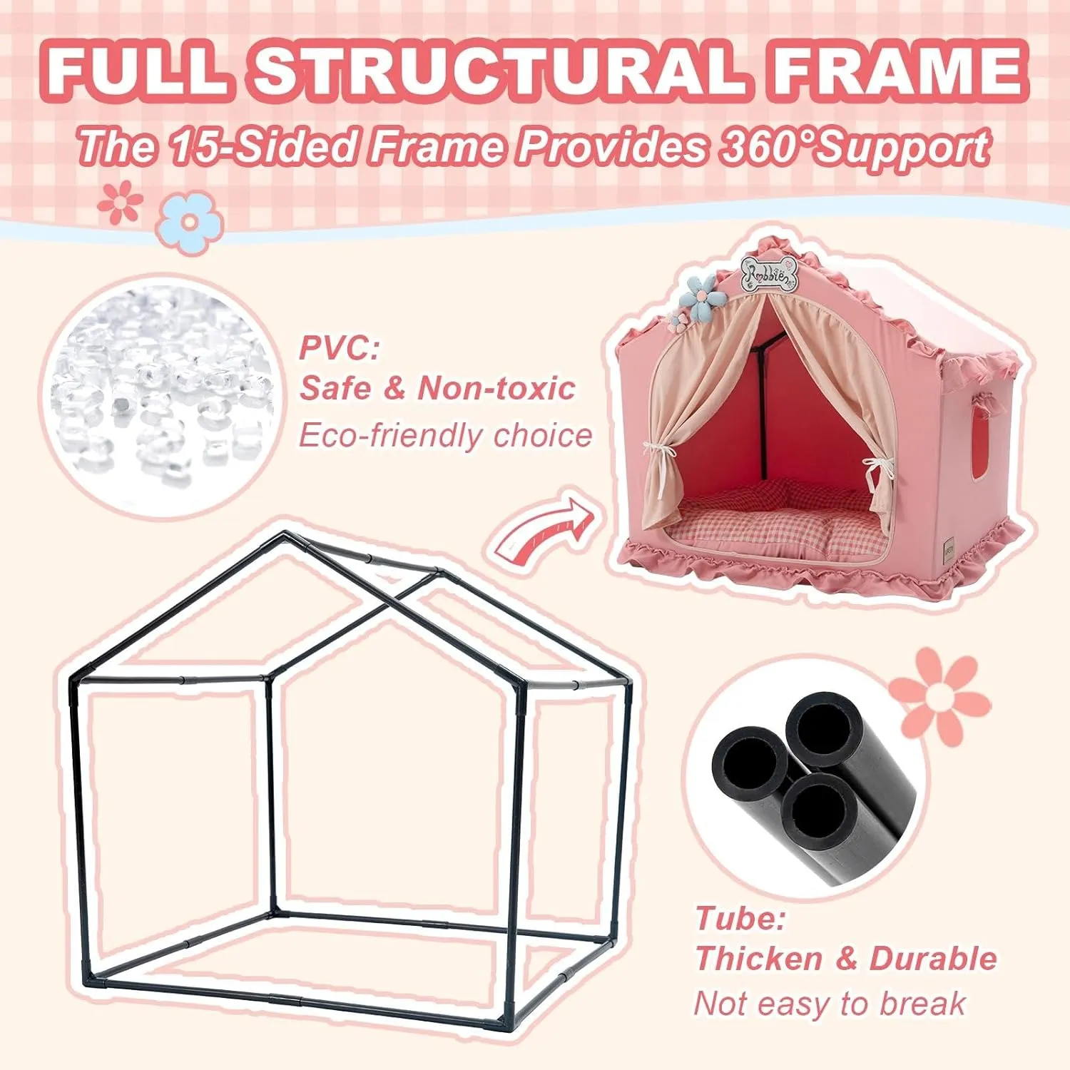 Jiupety Indoor Dog House with Frame, Cute Dog Tent Bed with Cover Cave, Breathable, Washable, and Foldable House, Suitable for 20-40 Lb, Large (25"25"25"), Pink