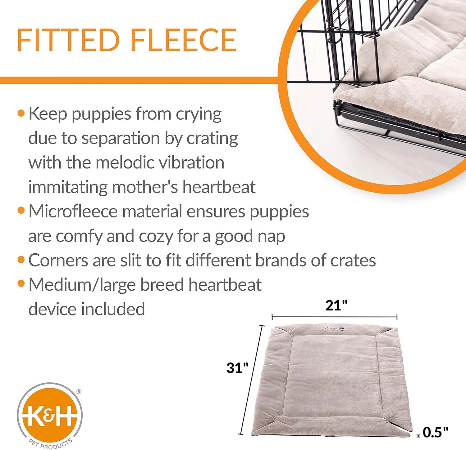 K&H Pet Products Mothers Heartbeat Puppy Crate Pad Gray Fleece Medium/Large Breed Beat 21 X 31 Inches