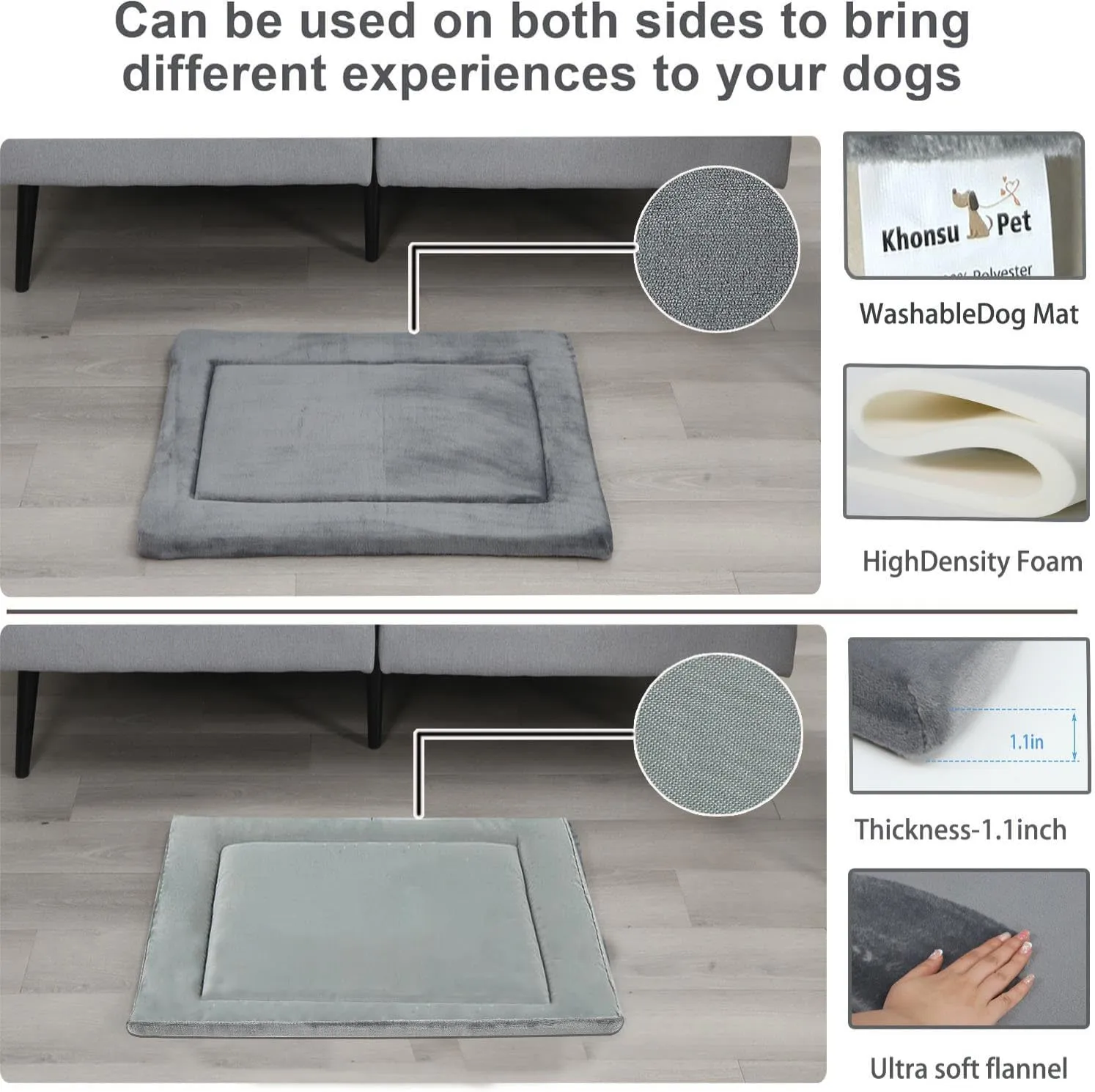 KHONSU PET Dog Bed Mat Crate Pad for Up to 70 lbs Dogs with Reversible Sides for Cold and Hot Seasons, Completely Washable Cushioned Pad 1.1inch Thin Dog Bed