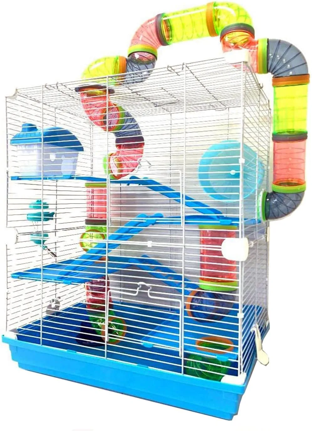 Large 5-Tiers Expandable and Customizable Hamster House Small Animal Habitat Cage with Running Wheel Hide House Crossover Tube Water Bottle Feeder Bowl Ladder Deep Base