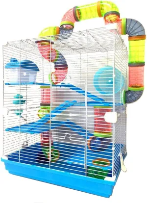 Large 5-Tiers Expandable and Customizable Hamster House Small Animal Habitat Cage with Running Wheel Hide House Crossover Tube Water Bottle Feeder Bowl Ladder Deep Base