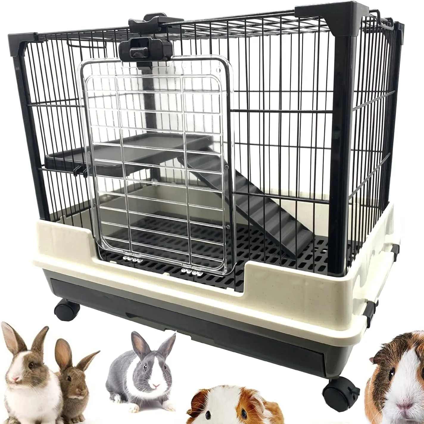 Large Multi-Level Indoor/Outdoor Small Animal Pet Cage for Guinea Pig Ferret Chinchilla Cat Playpen Rabbit Hutch Solid Platform Ramp Leakproof Litter Washable Tray Large Access Doors Lockable Casters